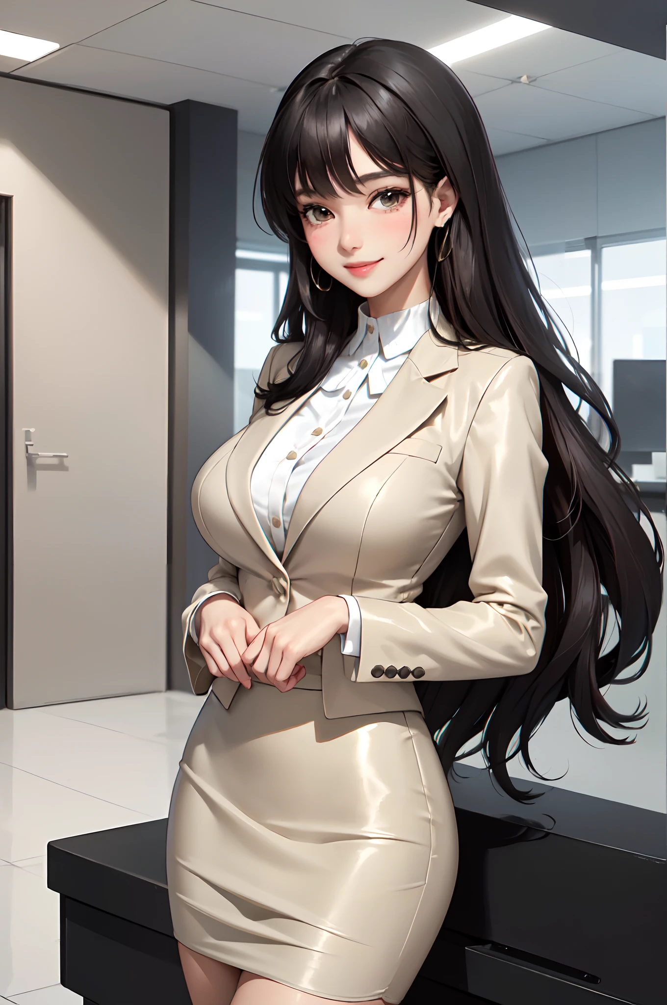 /(modern office indoors/), 1lady solo, /(suit jacket pencil skirt beige/) id card, /(black hair/) bangs, blush kind smile, (masterpiece best quality:1.2) ultra-detailed, large breasts