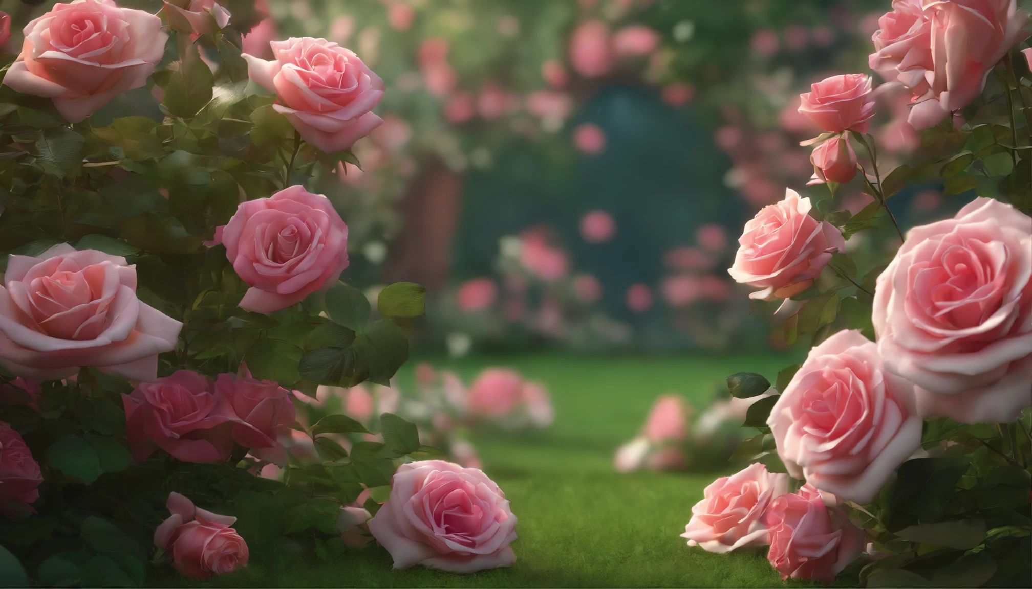 Secret Garden Flowers, A bush of pink roses (masterpiece:1.6, best quality), (extremely detailed CG unity 8k wallpaper, masterpiece , super detailed, best shadows), (detailed background), green grass, sun  (best lighting, extremely delicate and beautiful), ((color paint splatter on transparent background, Dulux,)), ((caustics) wonderland style, fantasy, beautiful, perfect composition, beautiful detailed, octane render, highly detailed, heart of roses