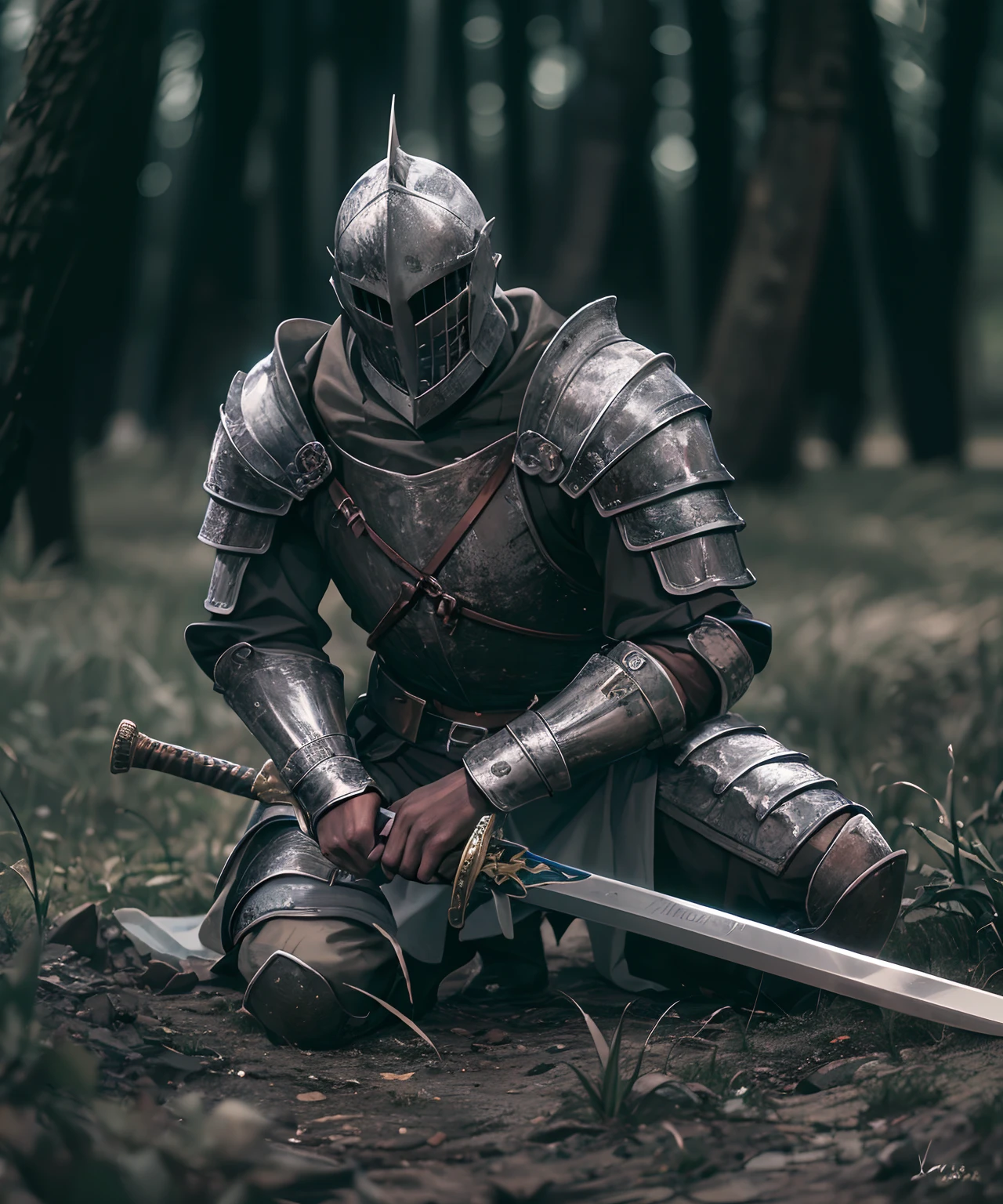 The Last Defender, in the middle of the war, Knight kneeling with the sword, 35mm F/28, hyper-detailed whole body shot of a warrior with a big sword and armor,  aesthetic body, head down, face down, High-detailed,  ultra-realistic, hyper-realistic, ultra-detailed, hyper-detailed, --v5