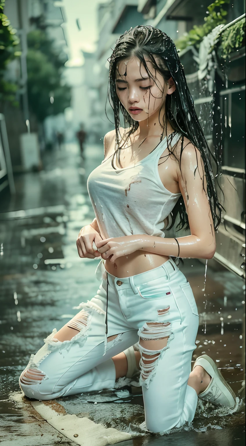 best image quality, masterpiece, super high resolution, (fidelity:1.4), photo, 1 girl, white shirt, torn jeans, white sneakers, dim, darkness, despair, pity, poor, movie, tears, teardrops, (torn clothes:1.5), (wet clothes:1.4), bare shoulders, real rain, wet hair,..微笑