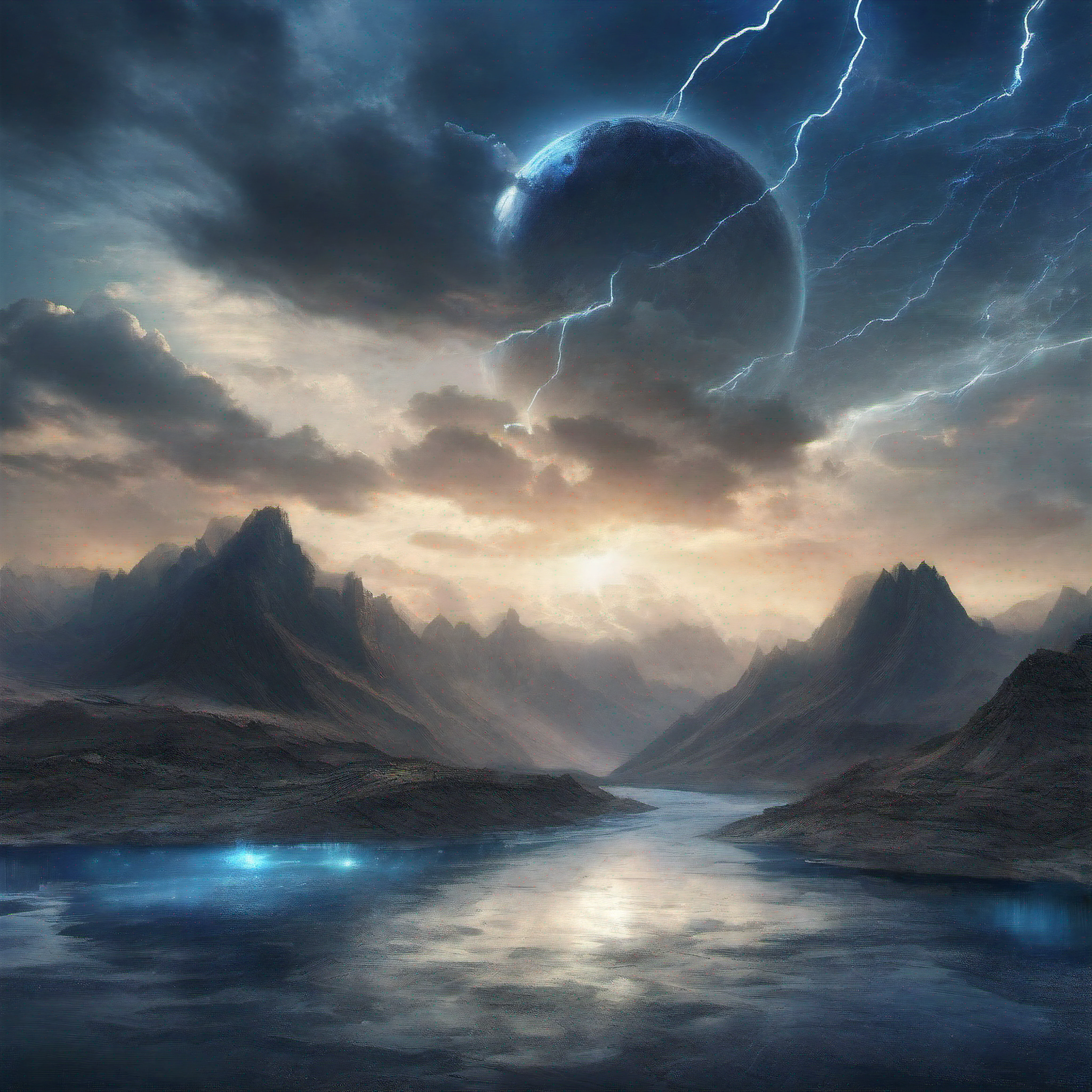 Big metalic planet, dark-blue metal, shiny metal, cybertron, mechanical planet, empty wasteland, no buildings, no structures, dark blue storm clouds, light blue lightning from clouds, blue river, river to horizon, electrized river, light blue lightning from river, stars on the sky, perspective from the mountain, realistic, watercolor, 4k, high quality, high attention to detail.
