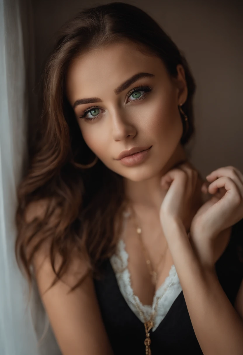 Arafed woman with white tank top and necklace, Sexy girl with green eyes, portrait sophie mudd, brown hair and big eyes, Selfie einer jungen Frau, Augen im Schlafzimmer, Violet Myers, ohne Make-up, Natural makeup, Blick direkt in die Kamera, Gesicht mit Artgram, dezentes Make-up, Stunning full body shot, piercing green eyes, Nice angle, attraktive Pose, Cute girl, sexy Pose, Full body image, full entire body, full body shoot, Tragen Sie ein enges schwarzes Minikleid