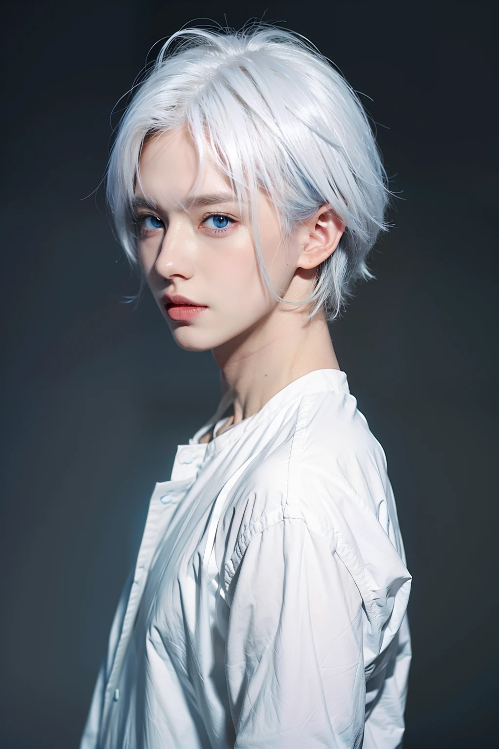 1boy,Very messy white hair,, bright blue eyes, anime style