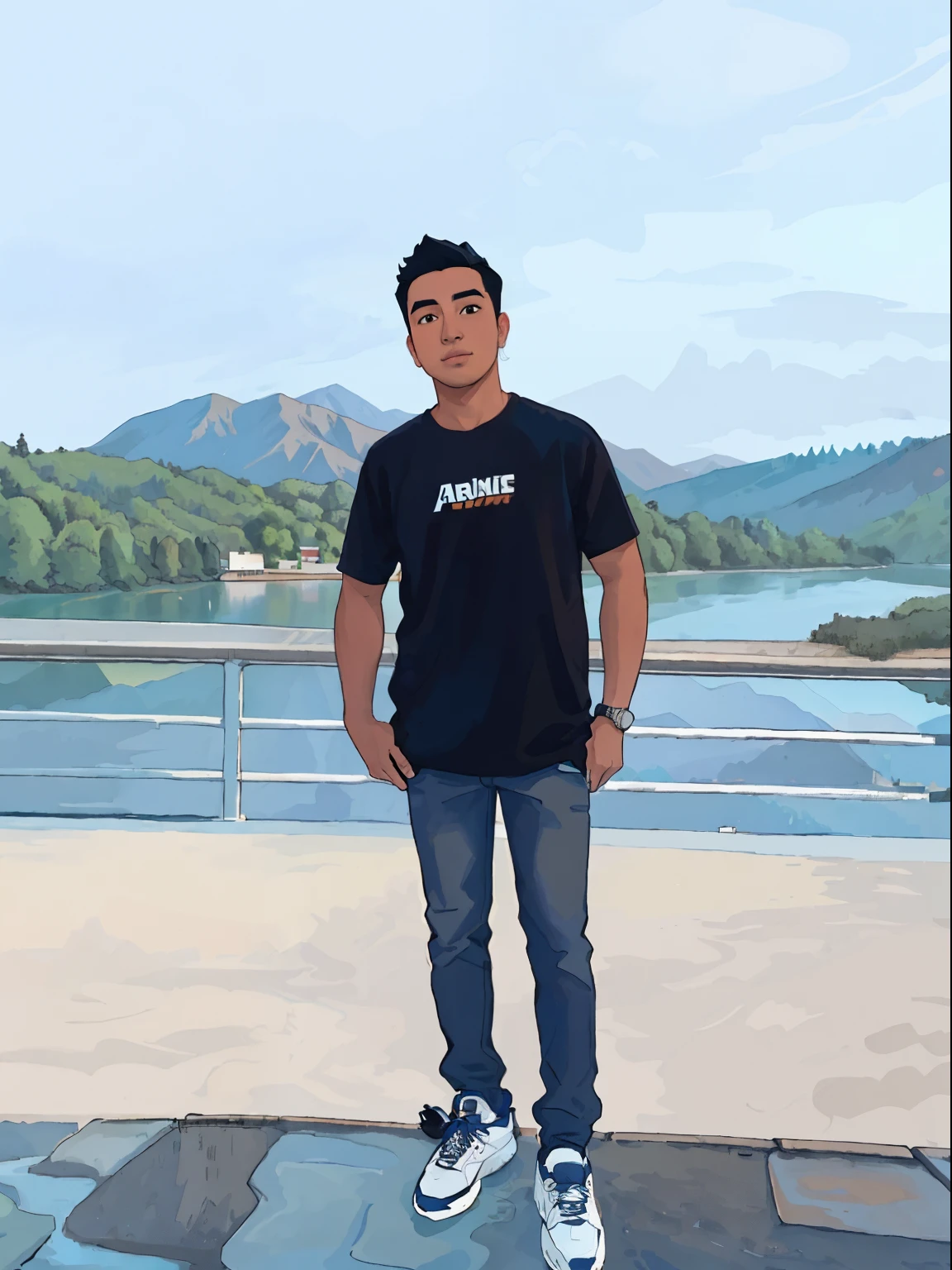 arafed man standing on a bridge with a view of a river, with mountains in the background, during sunset, with mountains in background, by Abidin Dino, river in the background, photo taken in 2 0 2 0, picture, with sunset, scenary, john jude palencar, ismail, lake in the background, full body picture