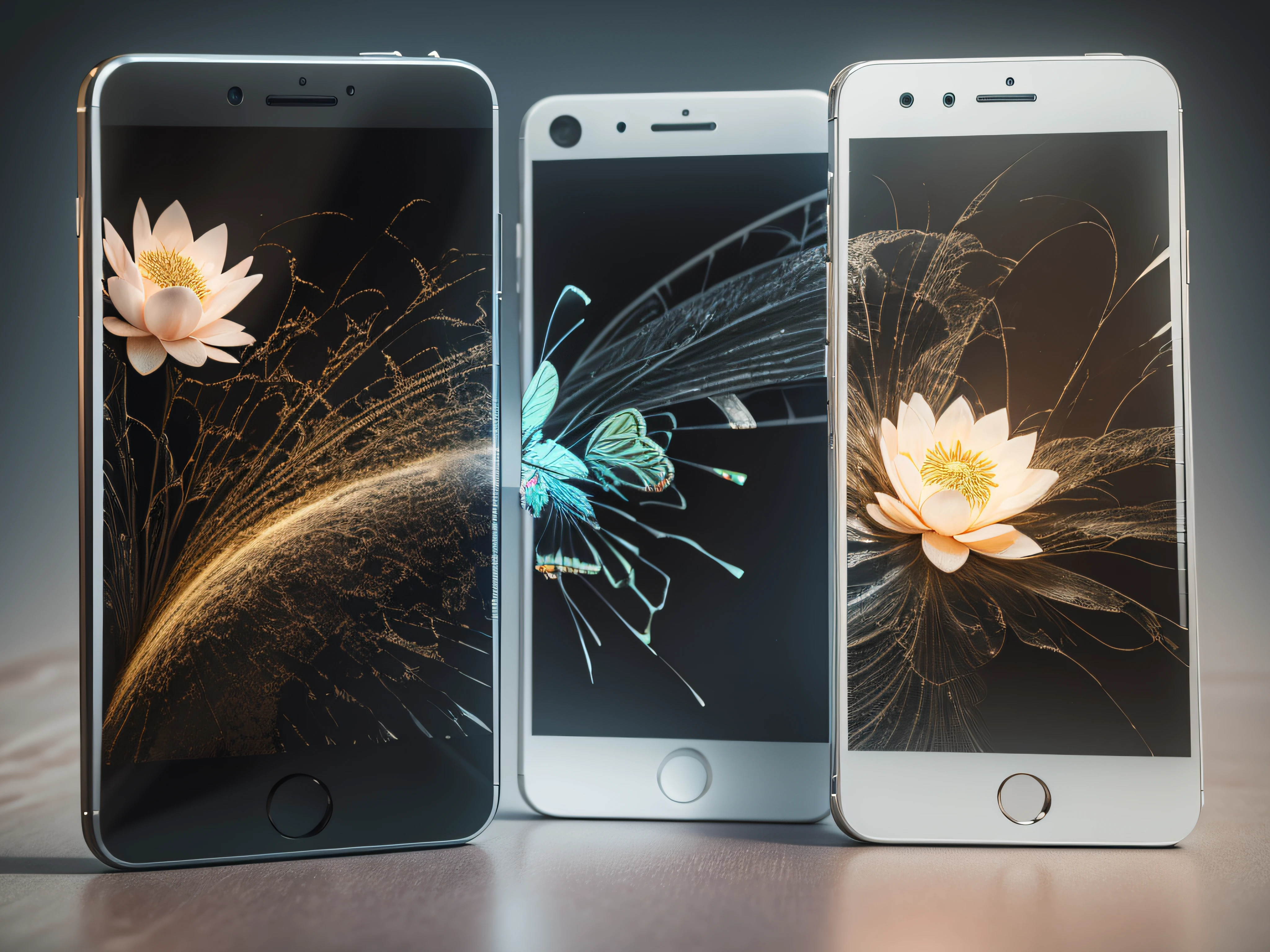 best quality, ultra-detailed, realistic, smartphone, modern, The transparent metal finish shows the internal circuitry, edge-to-edge display, colorful on phone screen with butterflies and lotus flowers, 3D display screen, 3-dimensional, The display can be projected outward in 3 dimensions, colorful digital fantasy art, thin bezels, crystal clear screen, vibrant colors, sleek design, high-tech features,