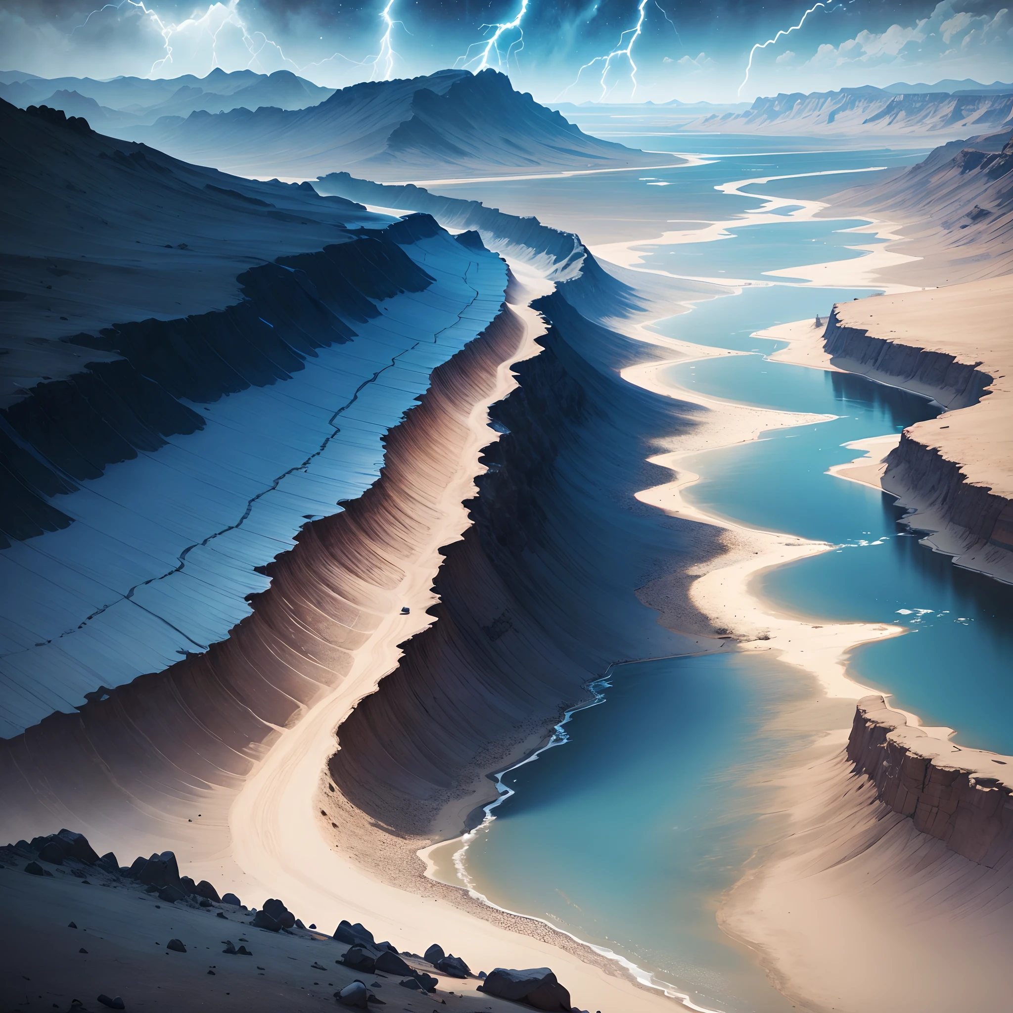 empty dark blue metal desert, no buildings, no structures, dark blue storm clouds, light blue lightning from the clouds, blue river, river to the horizon, electrified river, light blue lightning from the river, space sky, stars in the sky, realistic, watercolor, 4k, high quality, high attention to detail.