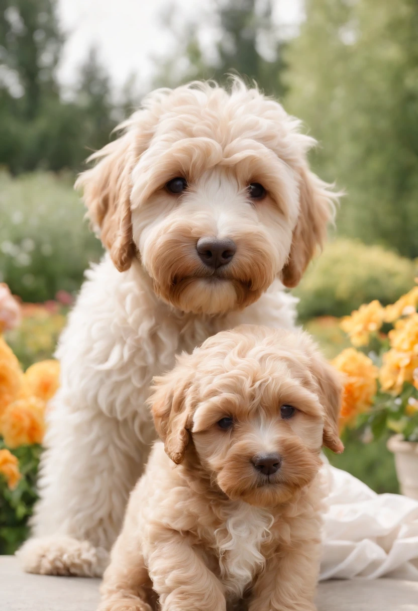 Sweet little girl,((medium close-up)), and Labradoodles in the garden, There are flowers, There are fountains,