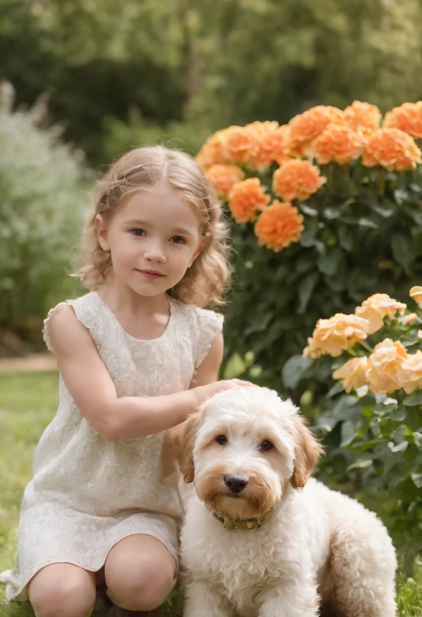 Sweet ,((medium close-up)), and Labradoodles in the garden, There are flowers, There are fountains,