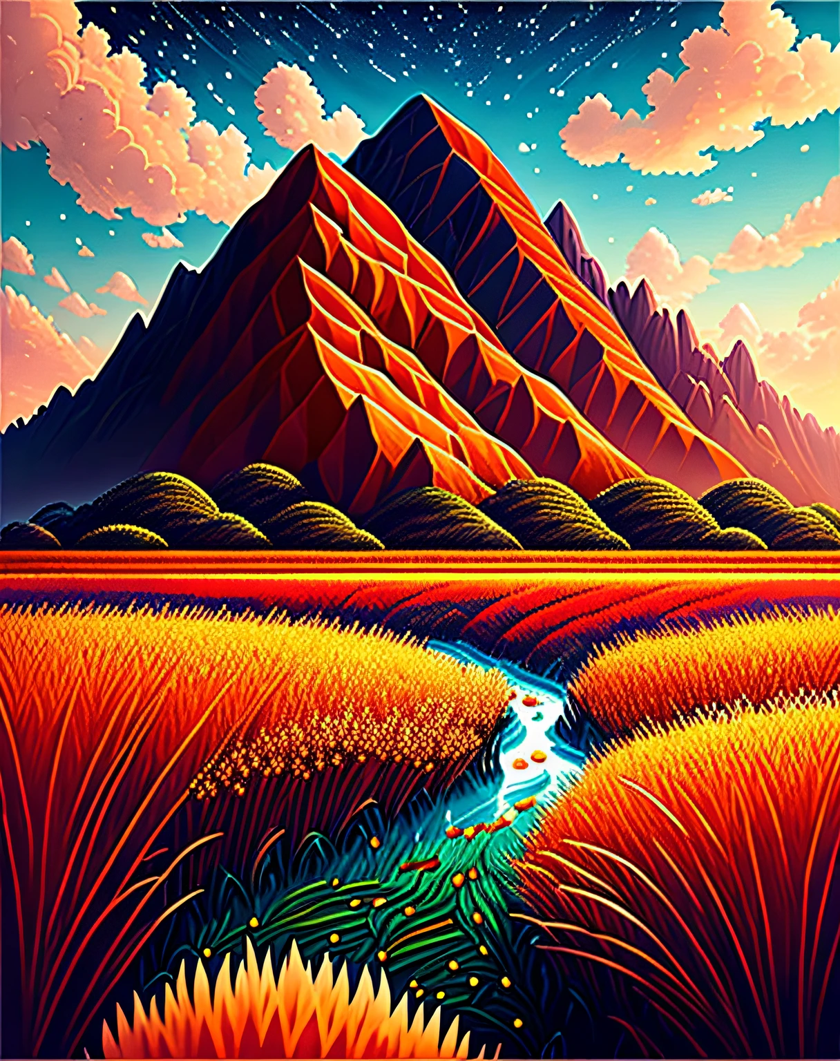 Beautiful earth full of water and lava, Intricate, Masterpiece, expert, insanely details, 4K, composition, The frames, Centered, symetry, picure, Intricate, voluminetric lighting, Beautiful, rich deep colors masterpiece, Sharp focus, Ultra detailed, in the style of dan mumford and marc simonetti, astrophotography，wheat field，，large clouds、blue-sky、Rice fields，There are neat rice seedlings in the field，ln the forest，hillside，Quiet，rustic，high definition detail、hyper-detailing、cinematic ligh、ultra-realistic realism、Soft light、Deep field focus bokeh