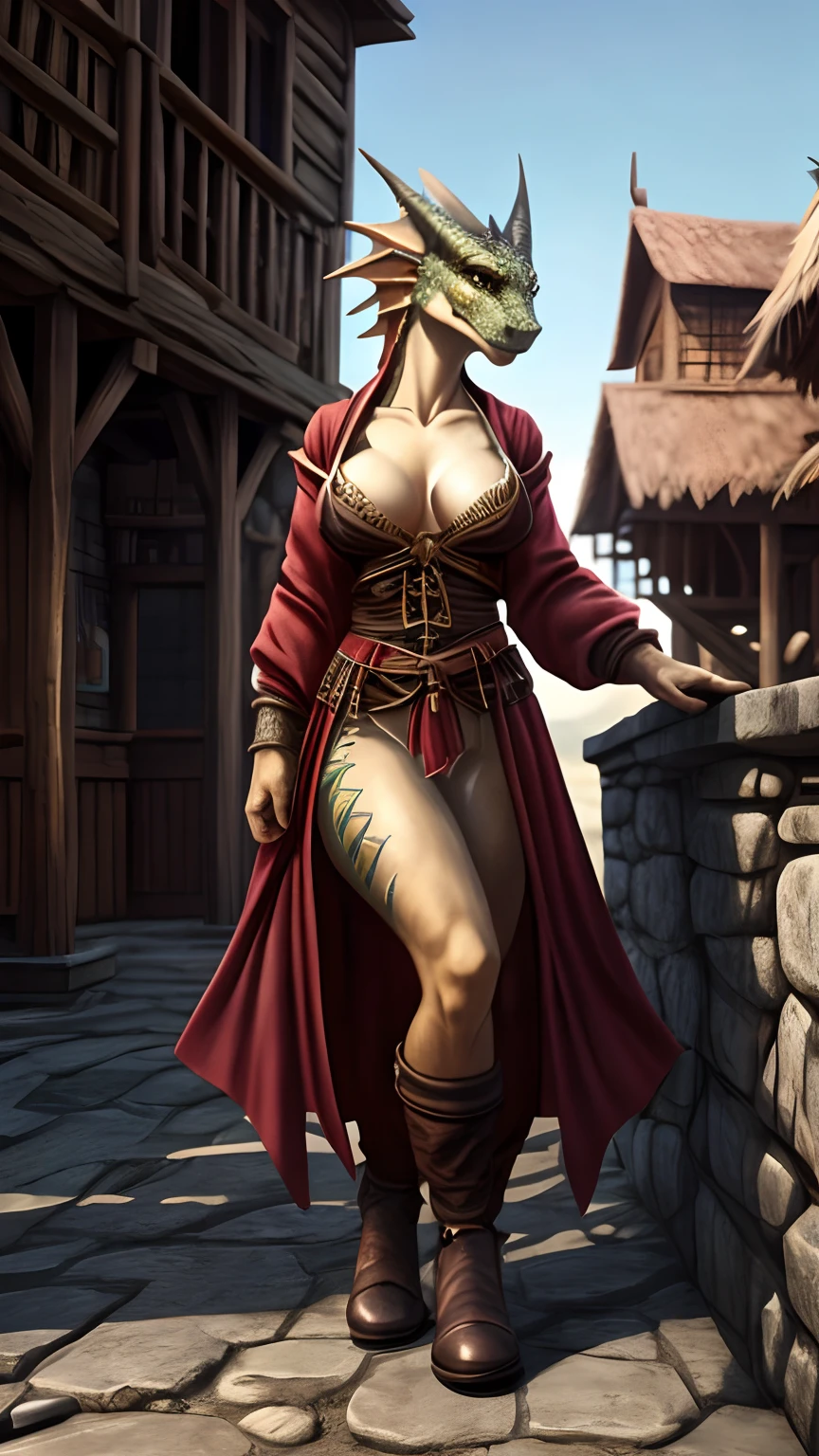 4k, Seductive slender anthro dragoness in medieval robes, Women's, anthro, scaly body, in full height, Slender breasts, scaled skin, hairlong, membranous ears, small head, long neck, long slim legs, tail, The character prepares beer, Beer in hand, Tavern in the background, An inviting cunning look