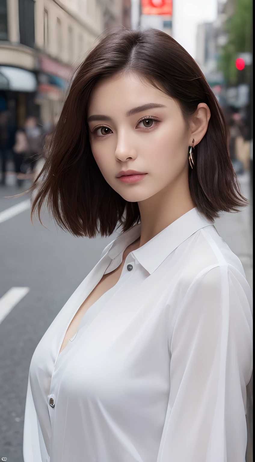 ((Best quality, 8k, Masterpiece :1.3)), Sharp focus :1.2, A pretty woman with perfect figure :1.4, Slender abs :1.2, ((Dark brown hair, Big breasts :1.2)), (White button up long shirt :1.1), City street:1.2, Highly detailed face and skin texture, Detailed eyes, Double eyelid