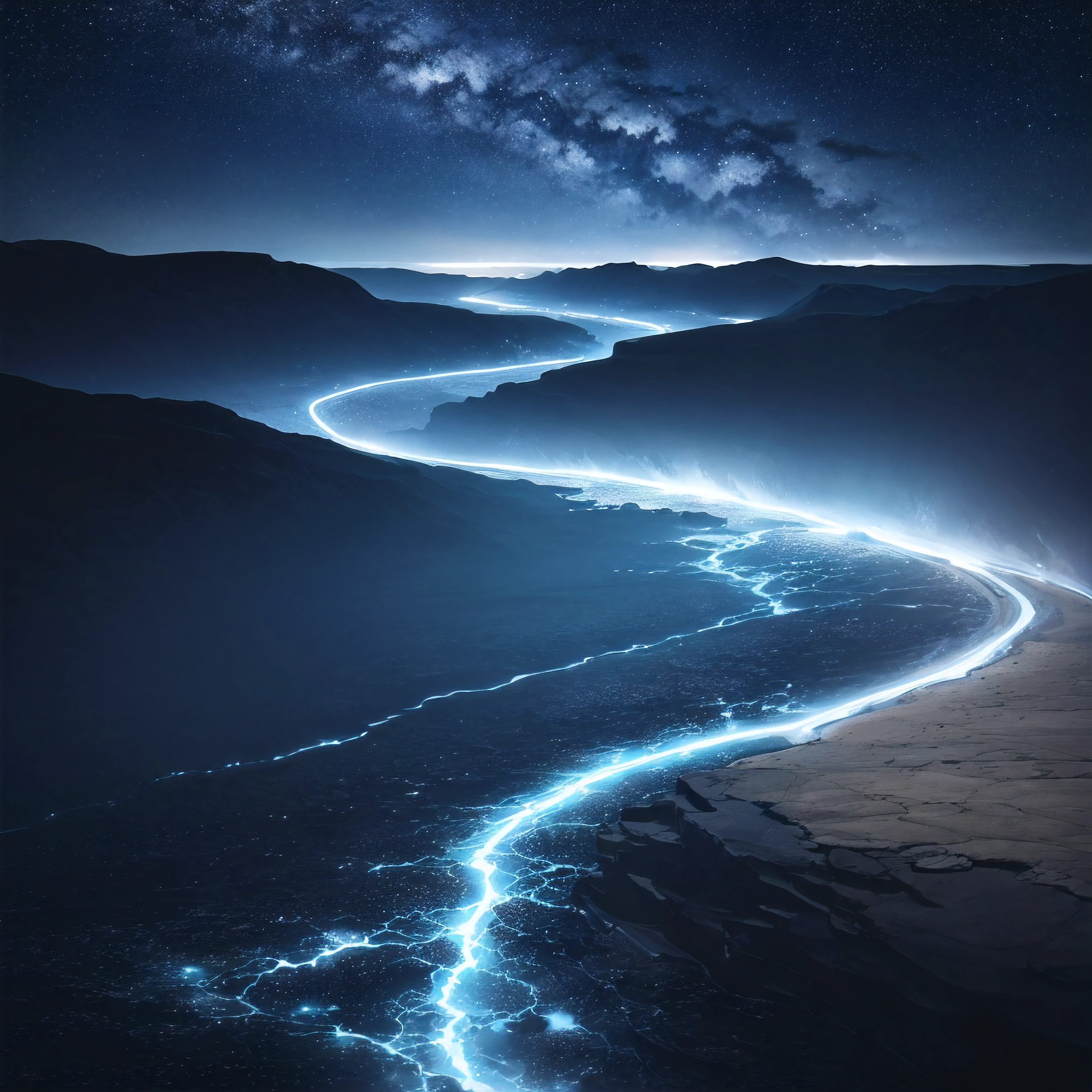 empty dark blue metal desert, no buildings, no structures, dark blue storm clouds, light blue lightning from the clouds, blue river, river to the horizon, electrified river, light blue lightning from the river, space sky, stars in the sky, realistic, watercolor, 4k, high quality, high attention to detail.