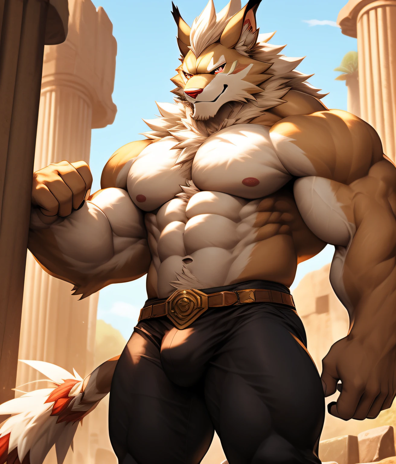 nj5furry, ( albino, Leomon, massive, huge), albino Leomon, ((extremely realistic shadows, masterpiece, extremely detailed, photorealistic)), kemono, the fur on his torso and thighs is the same color as the fur on his back, (((LIGHT BROWN FUR))) Leomon albino, ((detailed face)) red nose, red eyes, ((detailed eyes)), tan skin, tan fur, tan hair, bulge in the crotch, detailed bulge, height 3 meters high, the optimal height, tight clothing, body full of muscles; muscle pecs, ripped abs, V-shaped body, thick waist, long legs, strong arms manly, handsome face, attractive cool calm face type with a cold smile, topless. Ruins of a Jedi temple behind him; wears a ery tight dark brown Jedi style pants revealing huge muscular thighs and a light brown cloth belt.
