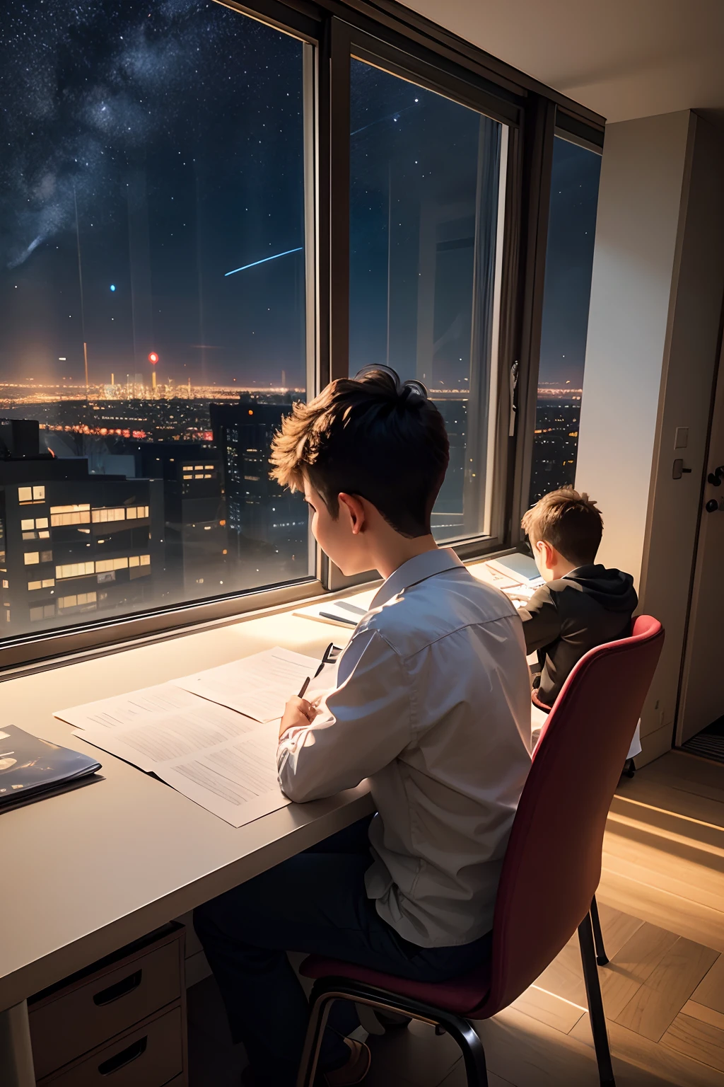 Comfortable study,Large floor-to-ceiling windows,Parents and young son sitting at desk,Face away from the camera, The starry sky and city lights outside the window shine on the tall buildings,Real Human