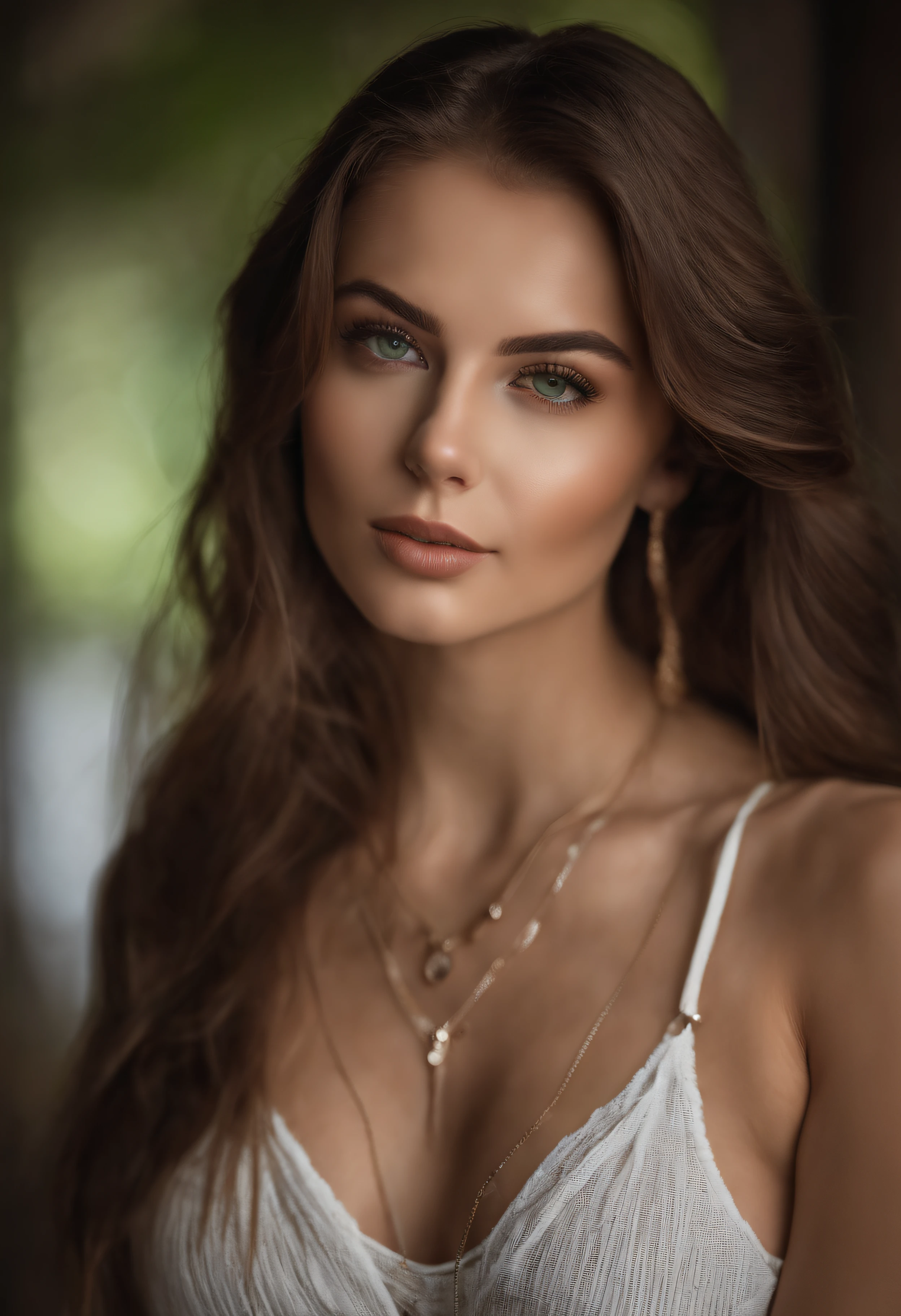 Arafed woman with white tank top and necklace, Sexy girl with green eyes, portrait sophie mudd, brown hair and big eyes, Selfie einer jungen Frau, Augen im Schlafzimmer, Violet Myers, ohne Make-up, Natural makeup, Blick direkt in die Kamera, Gesicht mit Artgram, dezentes Make-up, Stunning full body shot, piercing green eyes, Nice angle, attraktive Pose, Cute girl, sexy Pose, Full body image, full entire body, full body shoot, brunette goddess, Hohe Detailgenauigkeit, Zufriedene Pose, Lederhose