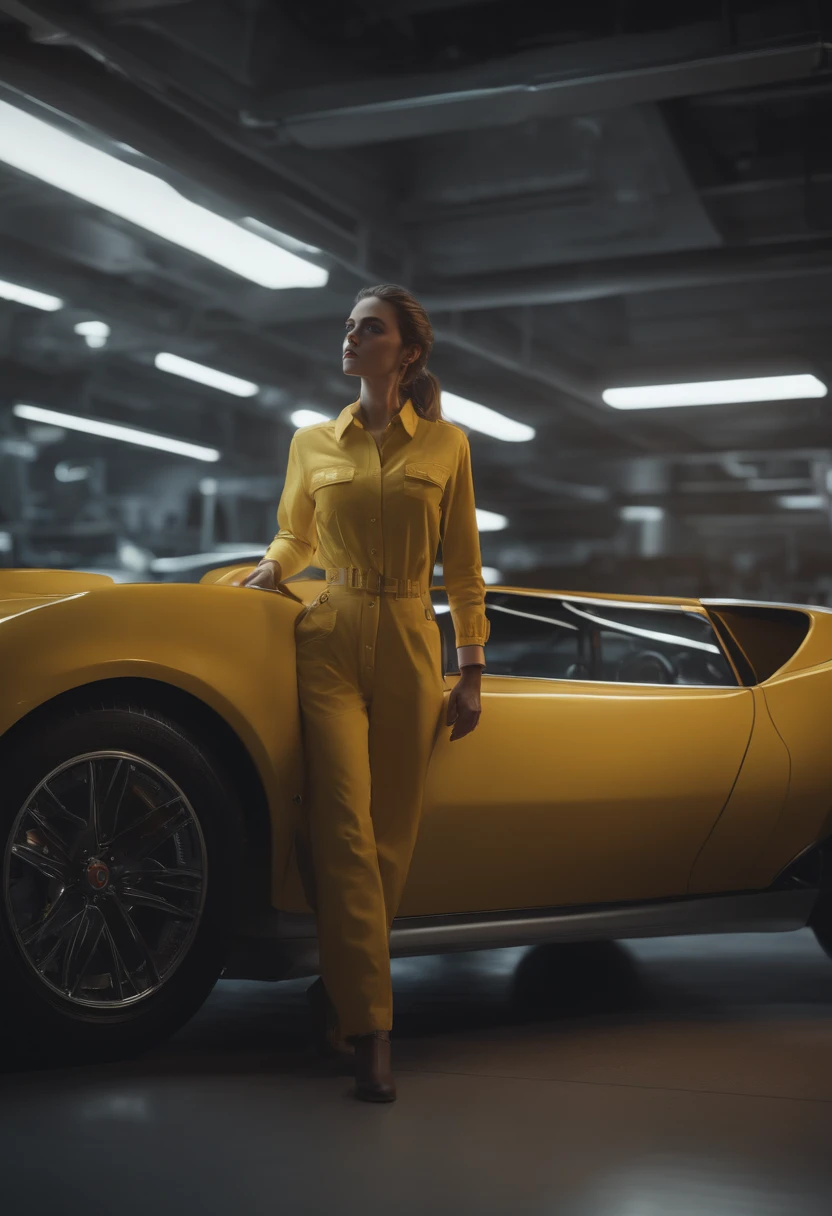 a tall girl wearing yellow mechanic shirt, fixing a futuristic car in white shop ,(dynamic_pose:1.2),(masterpiece:1.2), (best quality, highest quality), (ultra detailed), (8k, 4k, intricate), (50mm), (highly detailed:1.2),(detailed face:1.2), detailed_eyes,(gradients),(ambient light:1.3),(cinematic composition:1.3),(HDR:1),Accent Lighting,extremely detailed,original, highres,(perfect_anatomy:1.2)