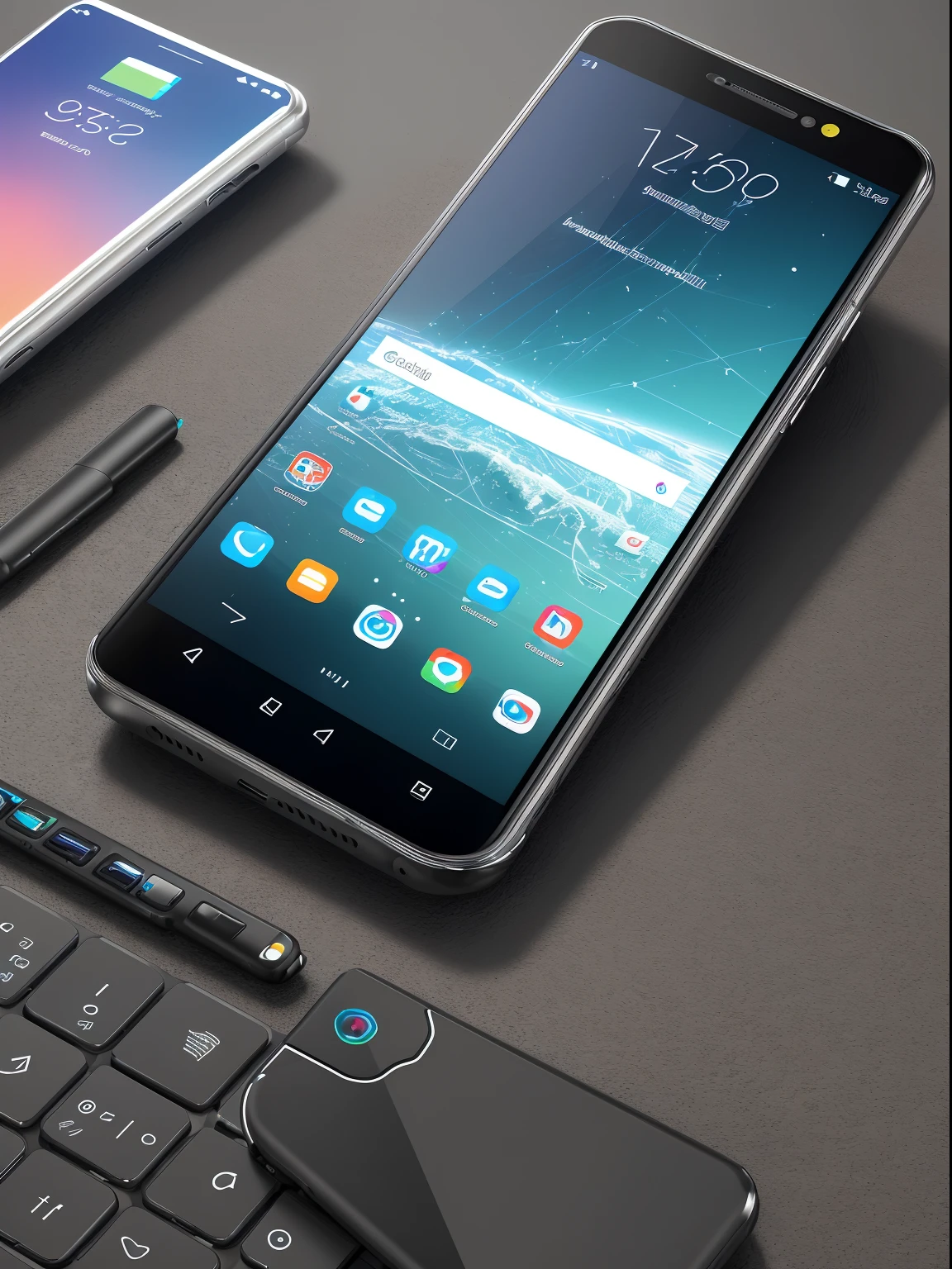 best quality, ultra-detailed, realistic, smartphone, modern, The transparent metal finish, edge-to-edge display, colorful on phone screen, 3D display screen, 3-dimensional, colorful digital fantasy art, thin bezels, crystal clear screen, vibrant colors, sleek design, high-tech features, multi-camera system, artificial intelligence, seamless user experience, advanced technology, interconnected world, smart assistant, voice commands, fast processing, high storage capacity, long battery life, wireless charging, social media integration, navigation apps, entertainment on the go, unlimited access to information, endless possibilities, future of communication.