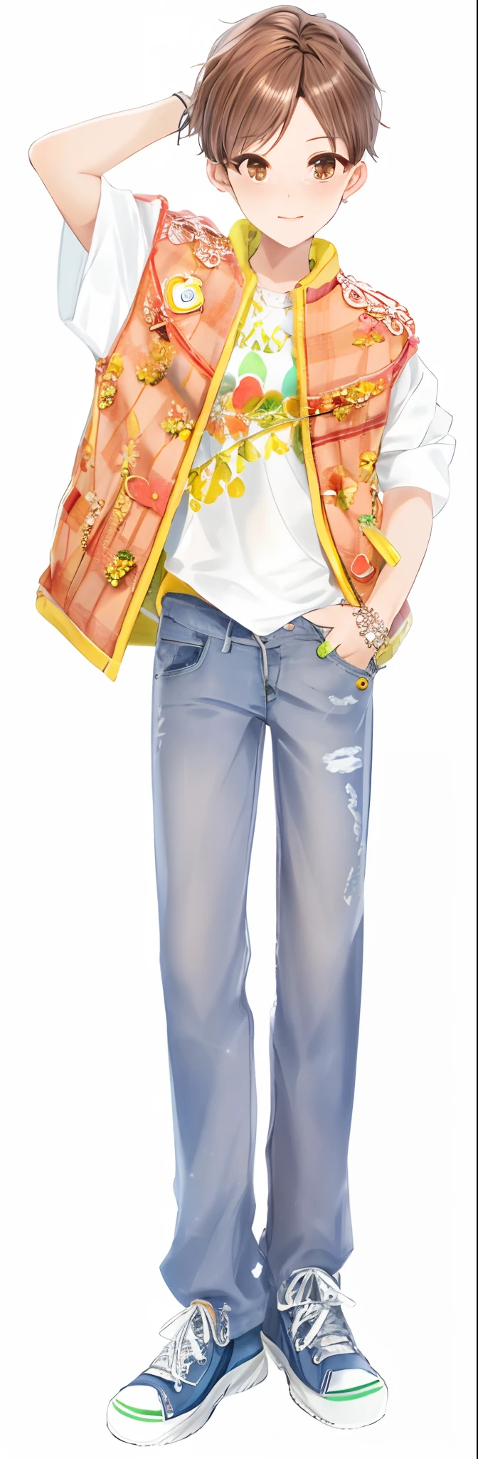Pubic area is clear,filigree,denim pant ,Orange plaid coat