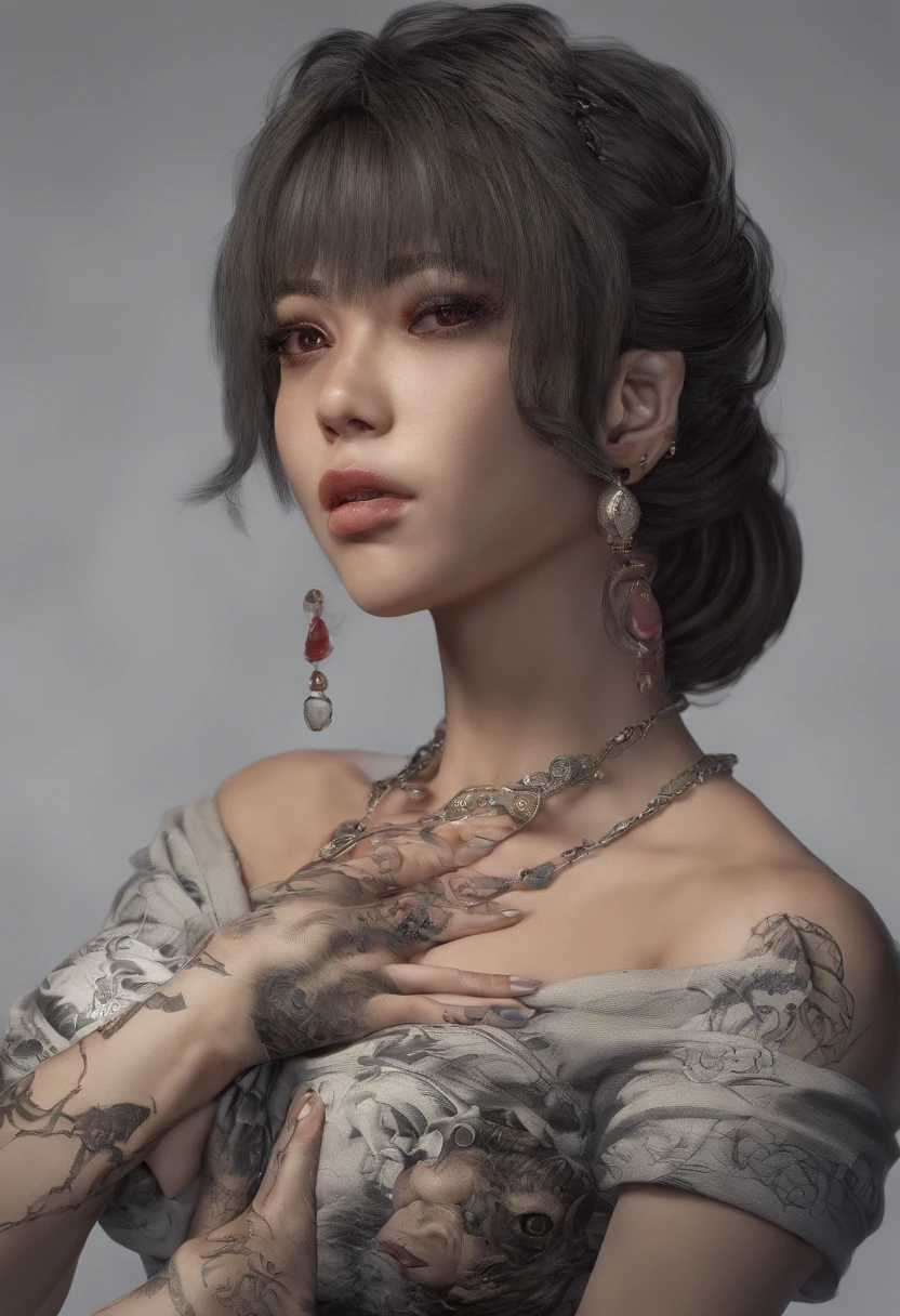 A pornographic girl wearing Chinese underwear，s the perfect face，Wearing black stockings，Wear stiletto heels，with tattoos，Perfect curvaceous body，full bodyesbian，Have on the street，CG，incredibly detailed，Surreal art