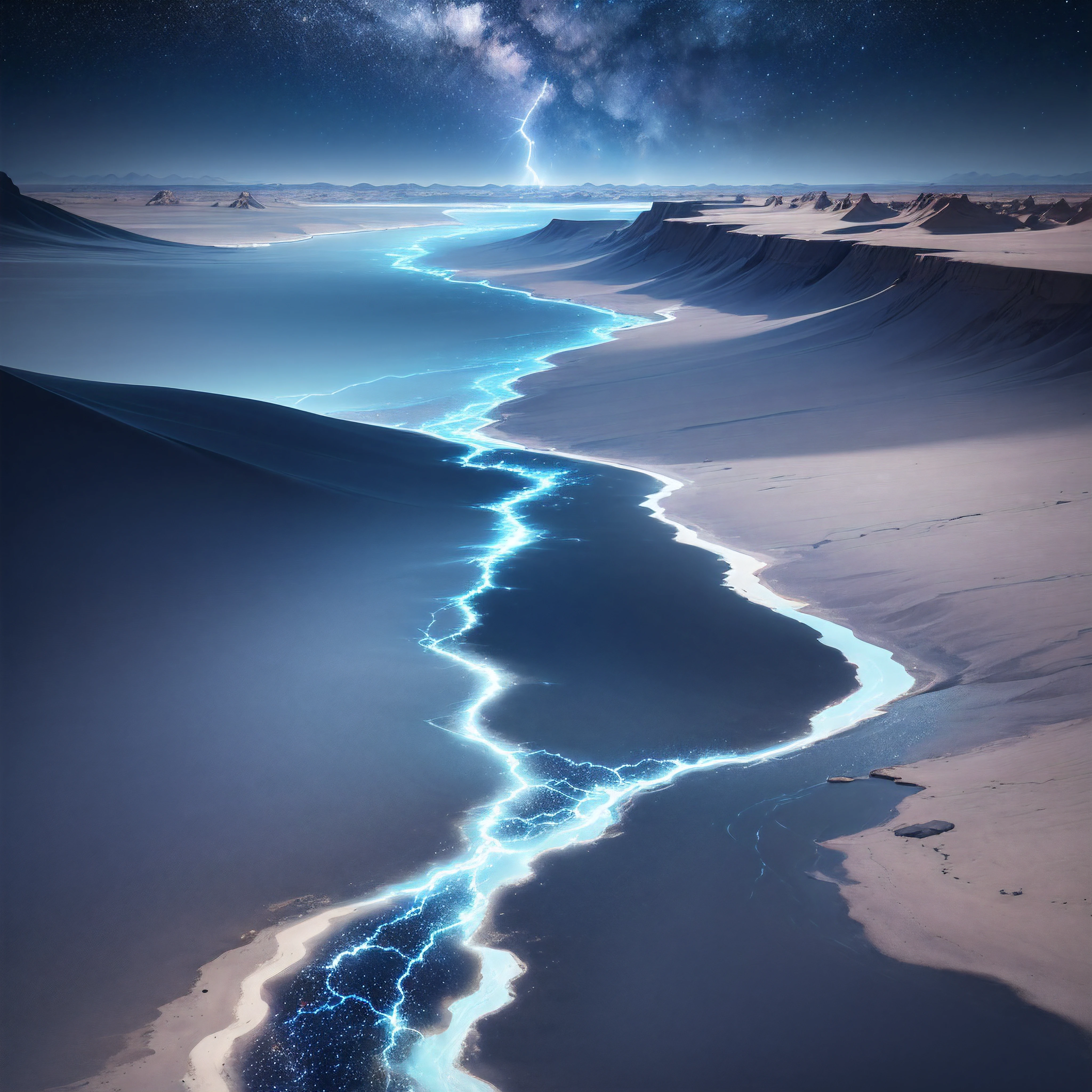 empty dark blue metal desert, no buildings, no structures, dark blue storm clouds, light blue lightning from the clouds, blue river, river to the horizon, electrified river, light blue lightning from the river, space sky, stars in the sky, realistic, watercolor, 4k, high quality, high attention to detail.