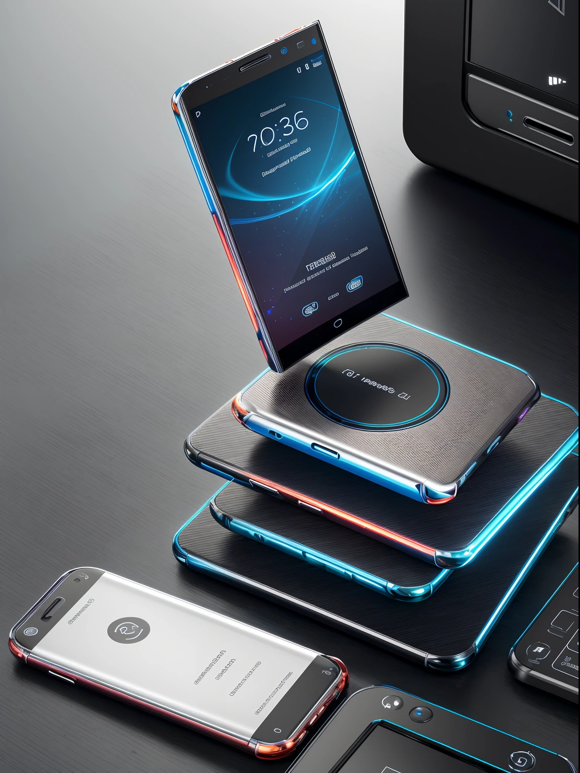 best quality, ultra-detailed, realistic, smartphone, modern, The transparent metal finish, edge-to-edge display, colorful on phone screen, 3D display screen, 3-dimensional, colorful digital fantasy art, thin bezels, crystal clear screen, vibrant colors, sleek design, high-tech features, multi-camera system, artificial intelligence, seamless user experience, advanced technology, interconnected world, smart assistant, voice commands, fast processing, high storage capacity, long battery life, wireless charging, social media integration, navigation apps, entertainment on the go, unlimited access to information, endless possibilities, future of communication.