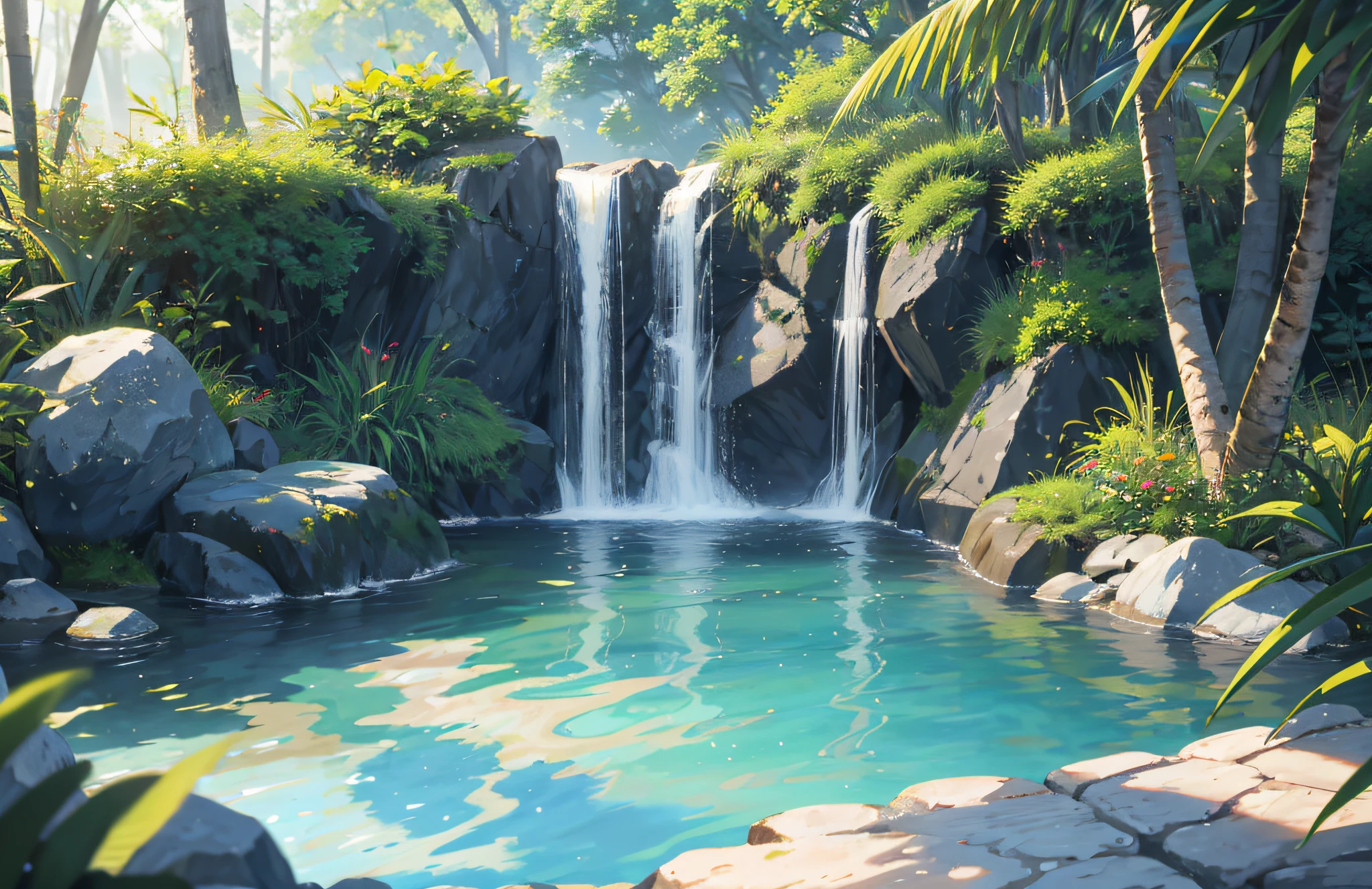 (Look up)(Hot Spring 1:1)、(Water vapor 1:1),the night,bamboos、nooks、The tree、The runs water、waterfallr、grassy fields、Rochas、Epic composition、Realistic lighting、high definition detail、(非常详细的 CG 统一 8k 壁纸)(A high resolution:1.1),ultra - detailed,illustratio,tmasterpiece,best qualtiy,best qualtiy,(tmasterpiece:1.2),submerge,natural lightting,,open air,(water Reflections),eventide,Vivid lighting,closeup cleavage,Clear water,