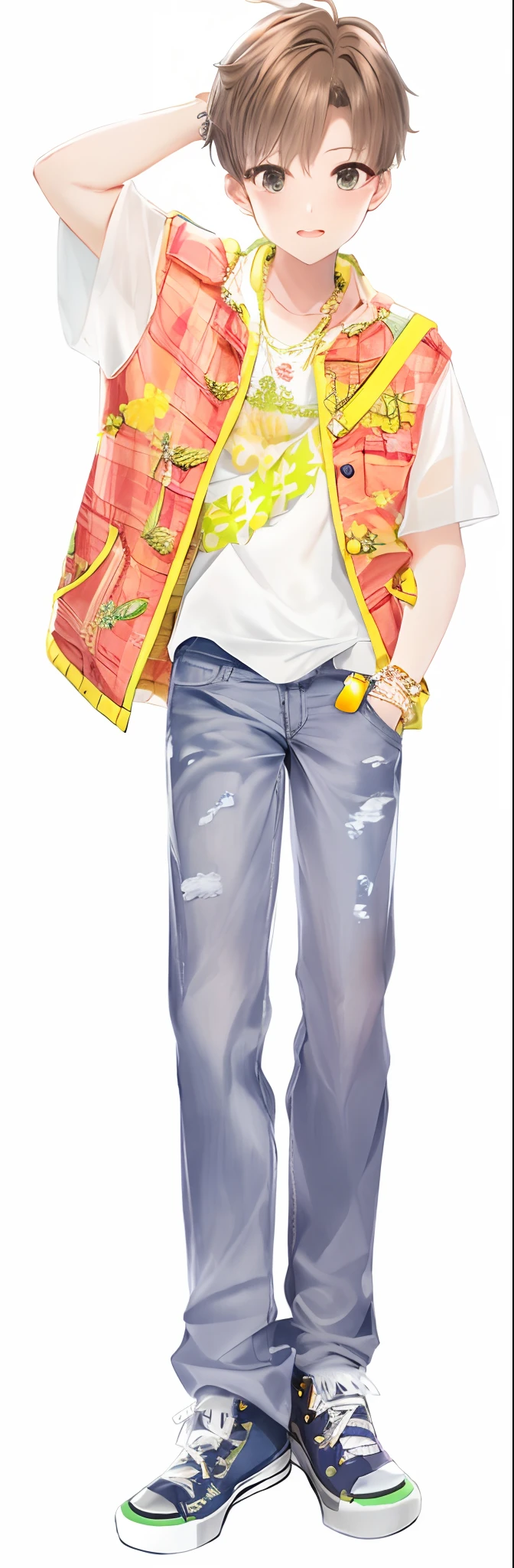 Pubic area is clear,filigree,denim pant ,Orange plaid coat