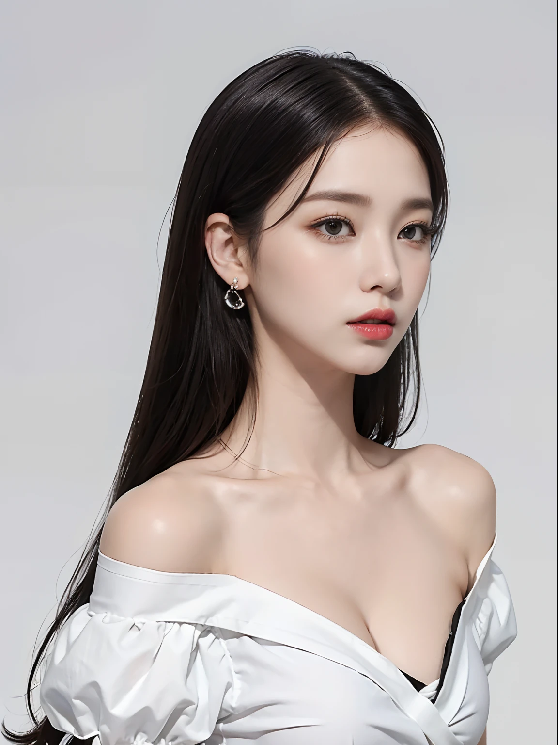 girl with, bangss, off shoulders, Black pants, breastsout, Breasts squeezed together, White background, hair between eye, huge-breasted, length hair, Look at viewers, FULL BODYSHOT, cparted lips, red eyes, The shirt, simple background, 独奏, doress, white hair,(shinny skin),(masterpiece:1.4),(top-quality:1.4),A MILF,Facigirl,red-lips、Stood up