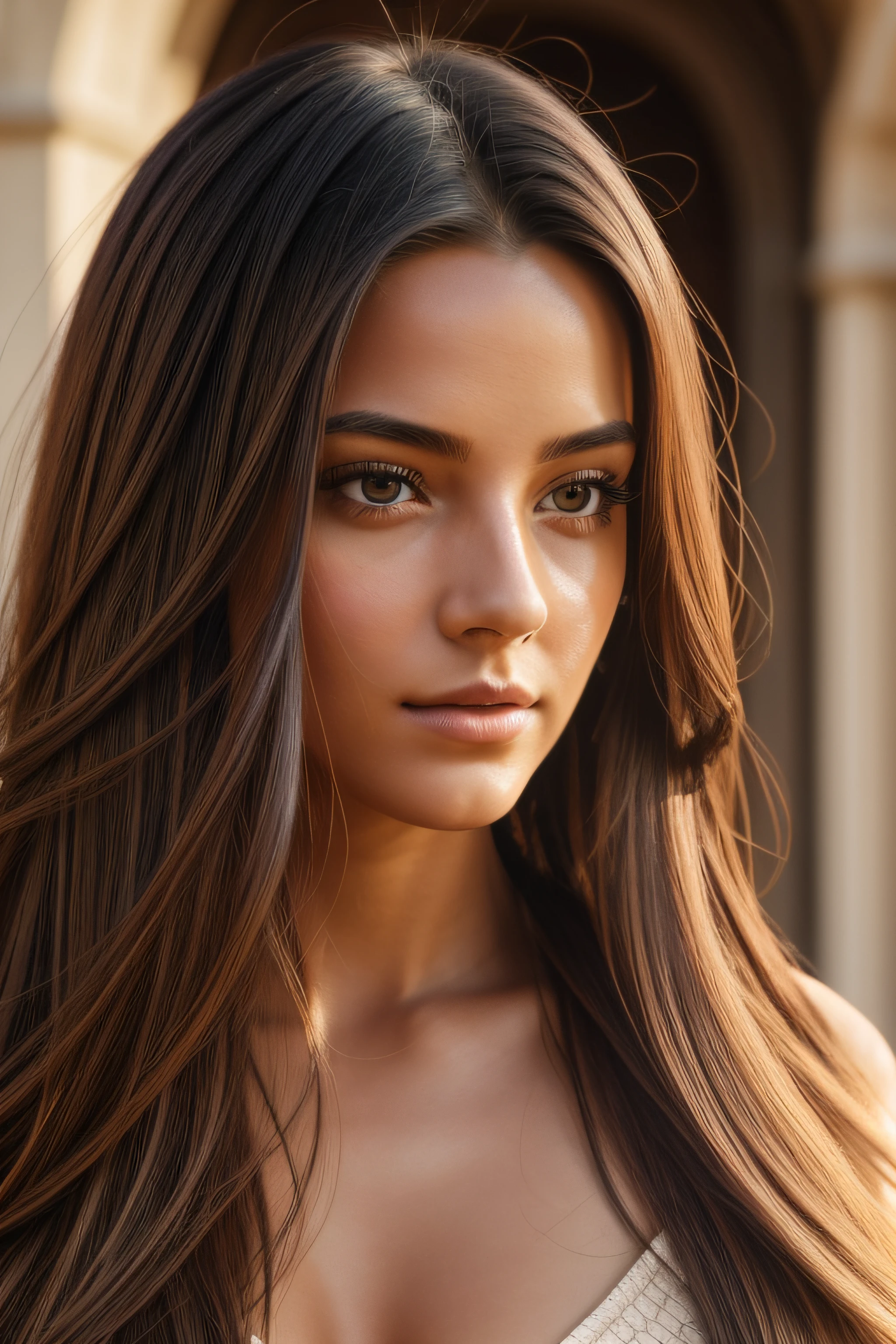 Natural photography of a beautiful girl, wearing a loose crop top, leaning over, long flowing hair, big bust, locks eyes into the camera, symmetrical eyes, symmetrical face, photorealistic, photography, path tracing, specular lighting, volumetric face light, path traced hair, visible shadows, intricate, elaborate