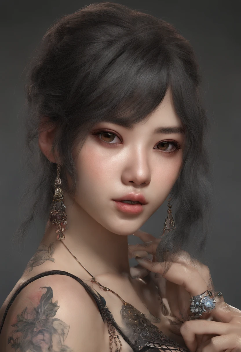 A sexually bad teenage girl wearing Asian lingerie，s the perfect face，Wearing black stockings，Wear stiletto heels，with tattoos，Perfect curvaceous body，full bodyesbian，Have on the street，CG，incredibly detailed，Surreal art