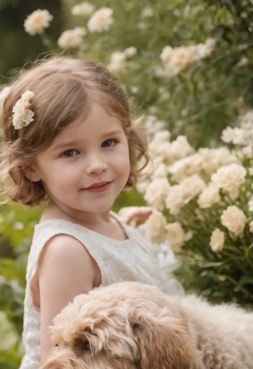 Sweet ,((medium close-up)),6 year olds ,and Labradoodles in the garden, There are flowers, There are fountains,