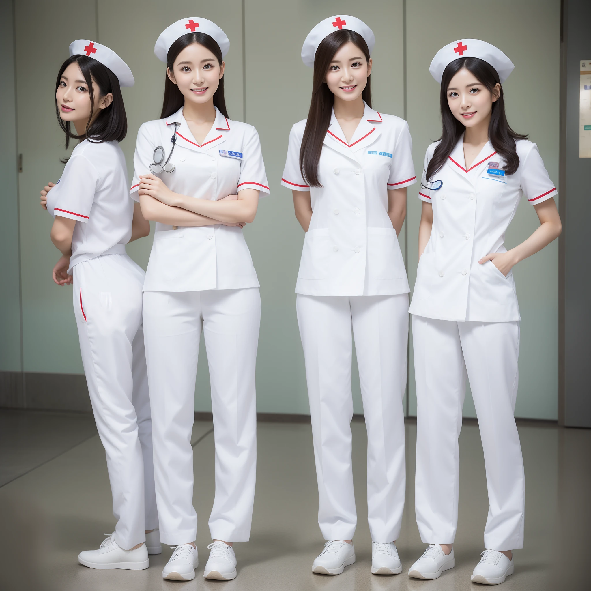 There was a woman in a white uniform, Nurse, full-body xianxia, nurse girl,  healthcare worker, Fitted nurse uniform，White nurse hat，Split nurse overalls，Skinny white trousers，Nice nurse shoes，Beautiful face，The skin of the face is fair and shiny，beautidful eyes，Delicate hair，medium boob，petite and slender figure，Gravure pose，Stand dignified and generous，fully body photo