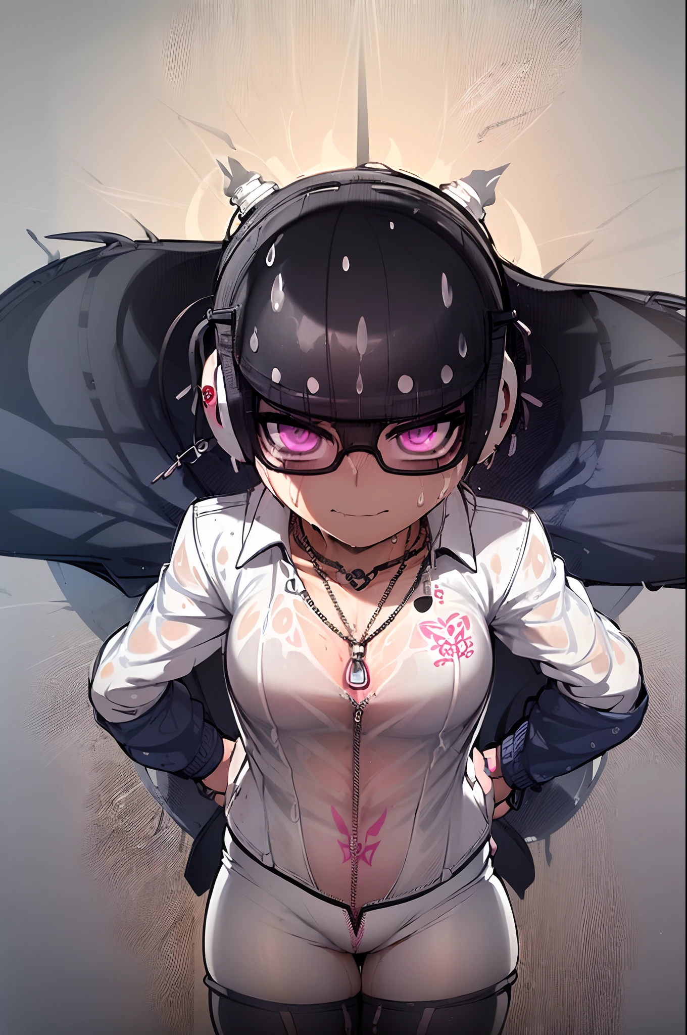 female gamer, ((wet thin white shirt, opened zip fashion wind breaker, hot pants, glasses, earring, necklace, blet, face mask, earphone, cute collar, bitch tattoo on body 1:3)), (idol charming aura, blur effect, bubble effect, black glowing pupil, arcade style make up, petite, blushing face, angry face, blonde color hair), (masterpieces, extreme body detail, high resolution, original character, best anime 16k wallpaper quality), club bar background, full body shot