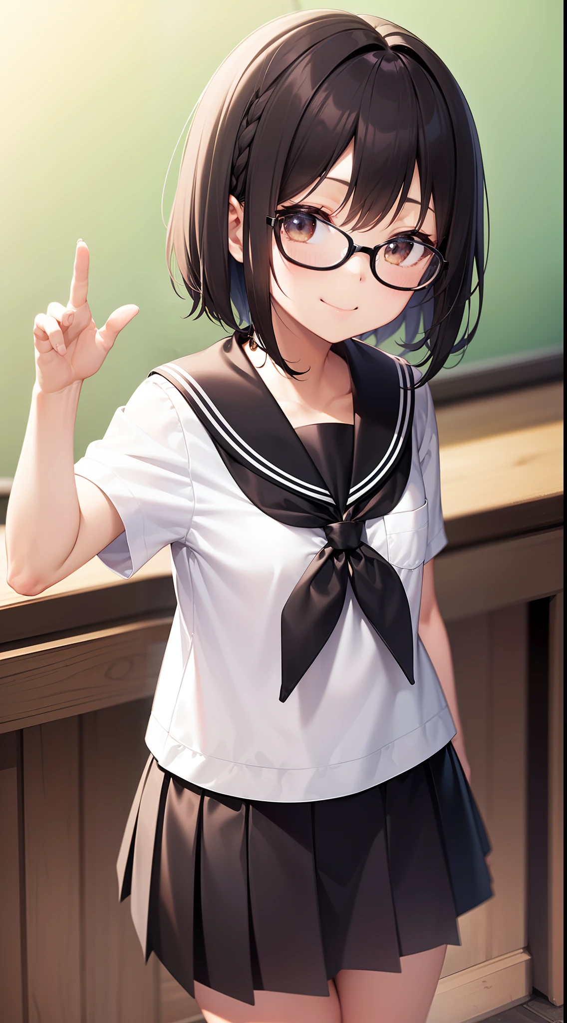 (masutepiece, Best Quality, Capture super cute moments, depth of fields, ultra-detailliert, Ultra High Resolution, C4D, Octadale, 3D Modeling, 8K, 16 K, one girls、a junior high school student、A dark-haired、short-hair、straight haired、Light brown eyes,hair adornments、wearing black glasses、A smile)、Cat Pose、a sailor suit、Classroom
