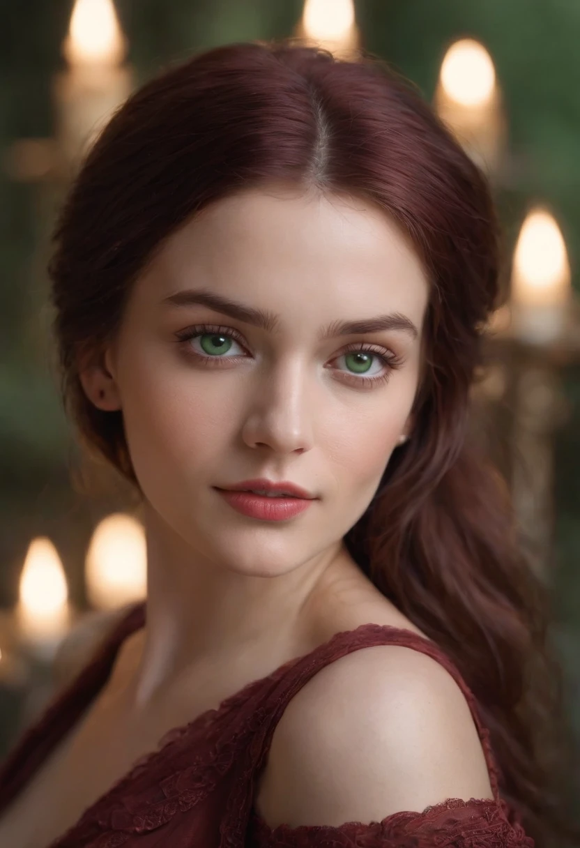 (((A deep reddish scar runs across her left cheek))) light skinned, Women around 19 years old, Natural gray hair, Distinctive green eyes, Wearing Cole, slender and graceful,, Beautiful, Candlelight in medieval atmosphere, Ultra Sharp Focus, realistic shot, Women's clothing in the Middle Ages, Tetradic color (Scar:1.4)