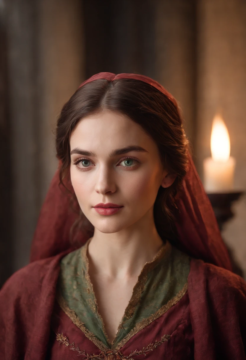 (((A deep reddish scar runs across her left cheek))) light skinned, Women around 19 years old, Natural gray hair, Distinctive green eyes, Wearing Cole, slender and graceful,, Beautiful, Candlelight in medieval atmosphere, Ultra Sharp Focus, realistic shot, Women's clothing in the Middle Ages, Tetradic color (Scar:1.4)