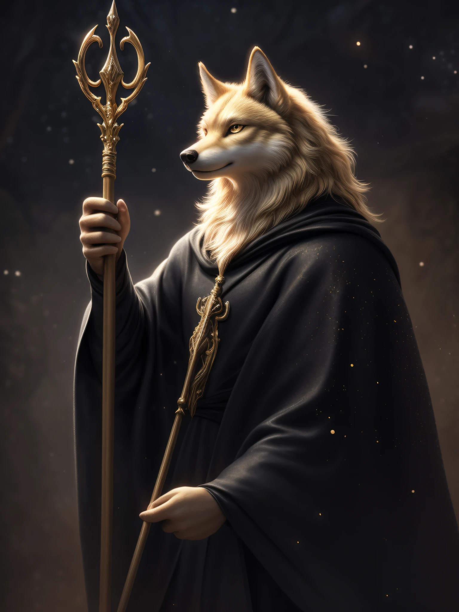 Masterpieces,offcial art,Furry,Male,Anthropomorphic golden wolf,Delicate face,Delicate eyes,Black cloak,Staff,:1.2, Depth of field, Perfect lighting, Light particles,(Best quality),(Masterpiece),(Ultra detailed),Sharp focus,Light particle 3D Ultra HD 8K