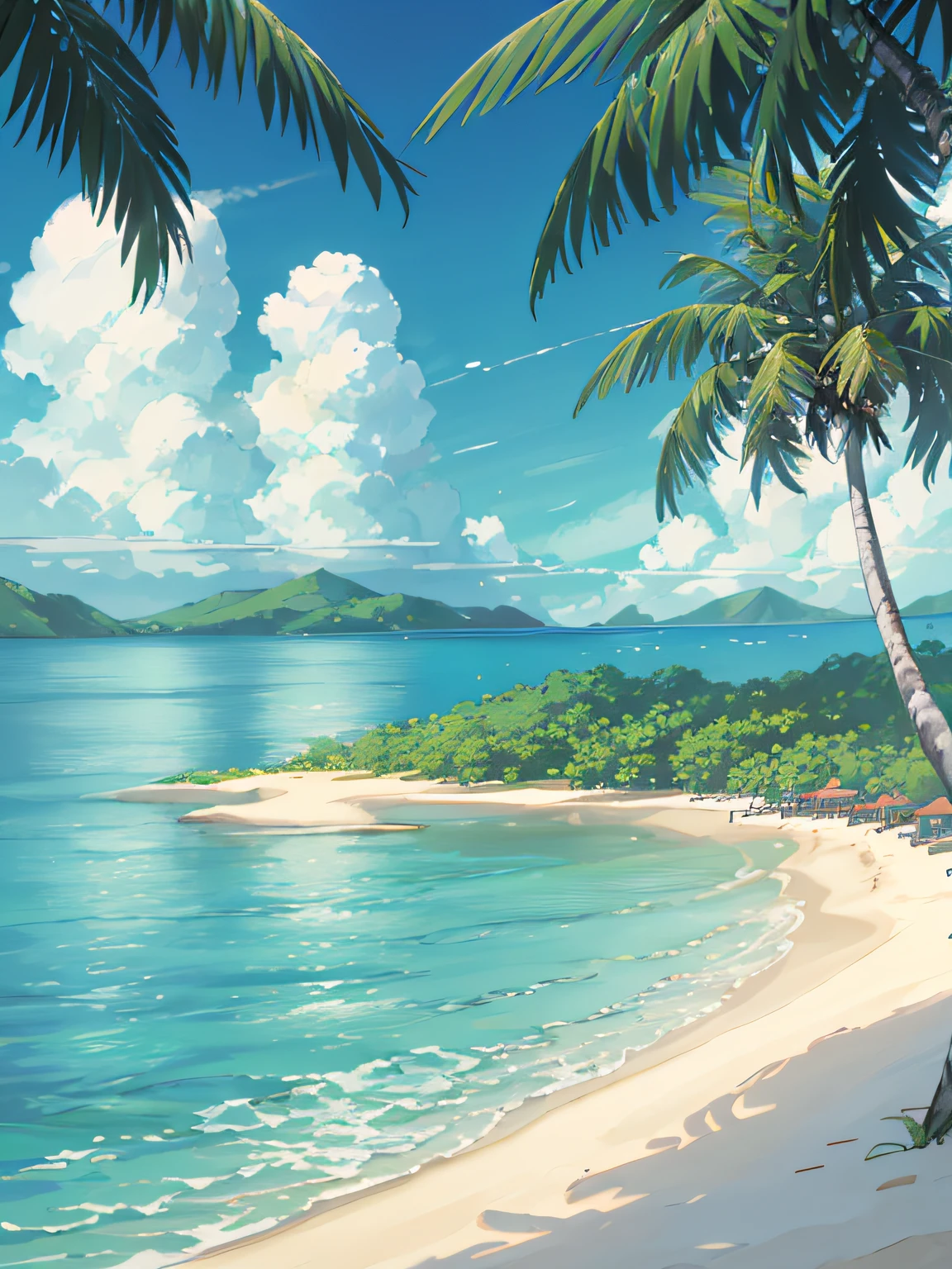 (High quality, high resolution) 3Delight beach scenery, halo 8K, beach details depicted clearly, fresh summer feeling, coconut trees and coconut, full detail.