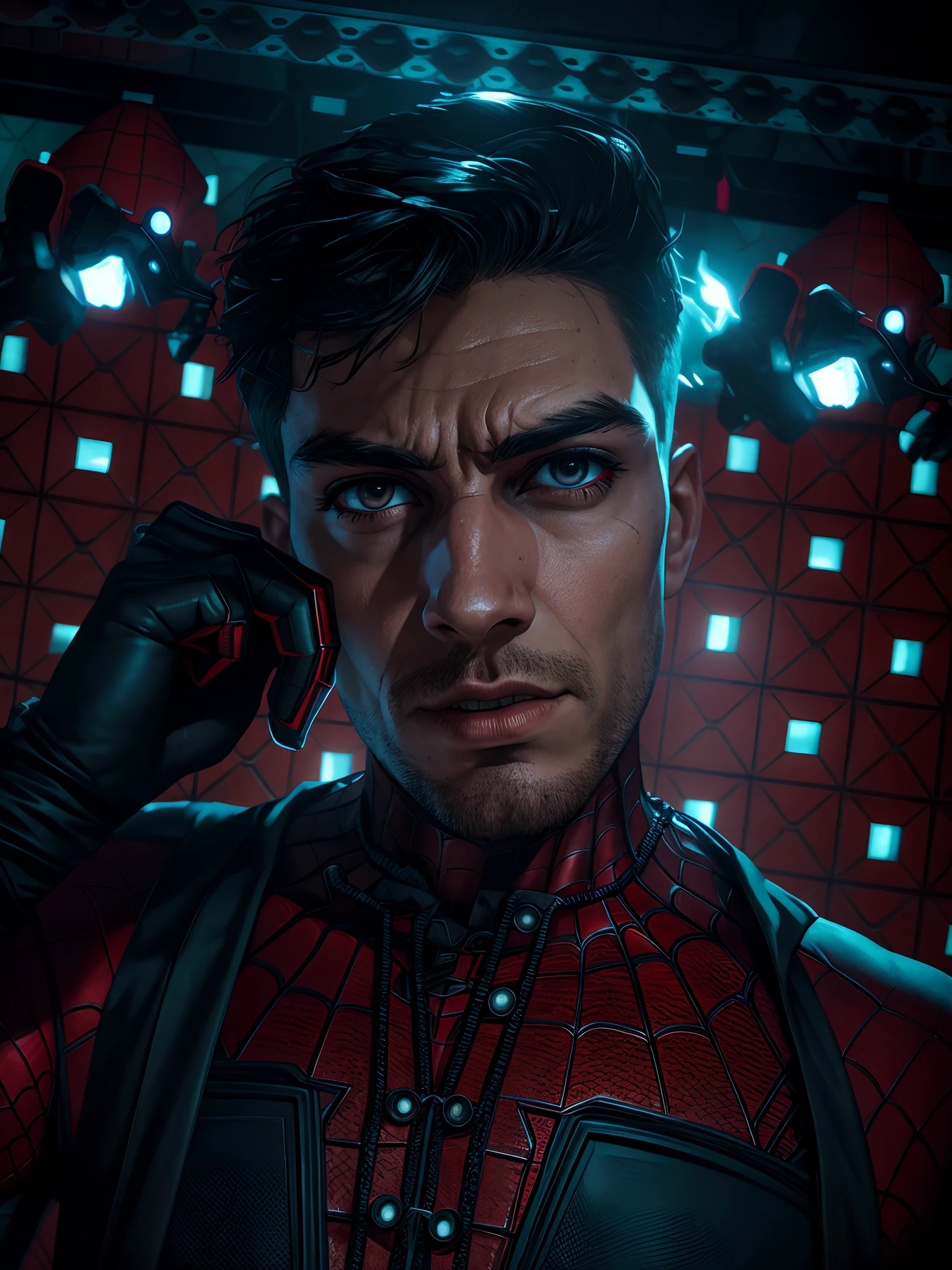 Grim portrait of Marvel's Bloody Spider-Man with intricate angular cybernetic implants inside a brutalist building, Gothic brutalist cathedral, cyberpunk, foto premiada, bokeh, neon lights, cybernetic limb, alto, corpo musculoso
