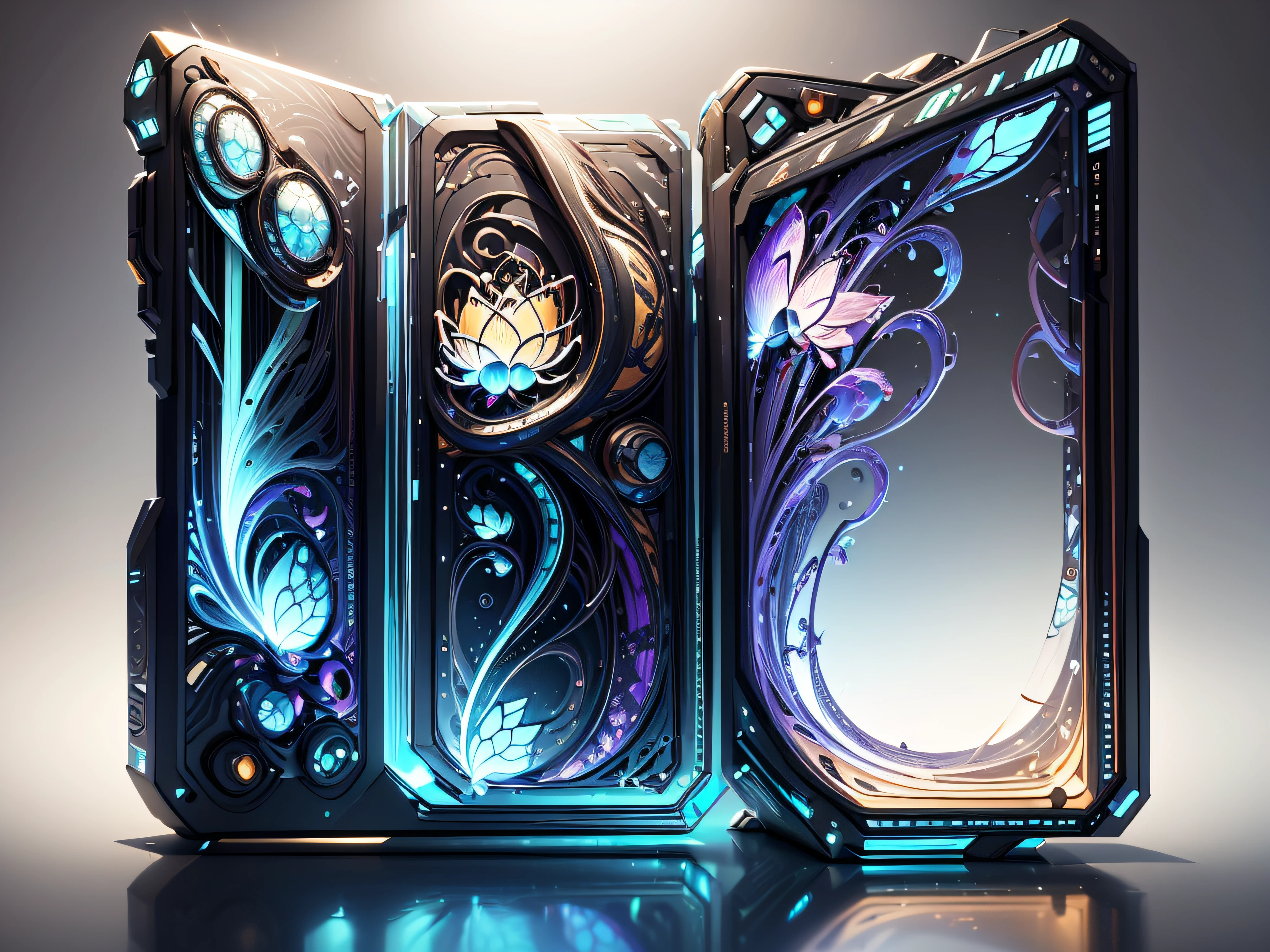 best quality, ultra-detailed, realistic, smartphone, modern, The transparent metal finish shows the internal circuitry, edge-to-edge display, colorful on phone screen with butterflies and lotus flowers, 3D display screen, 3-dimensional, The display can be projected outward in 3 dimensions, colorful digital fantasy art, thin bezels, crystal clear screen, vibrant colors, sleek design, high-tech features,