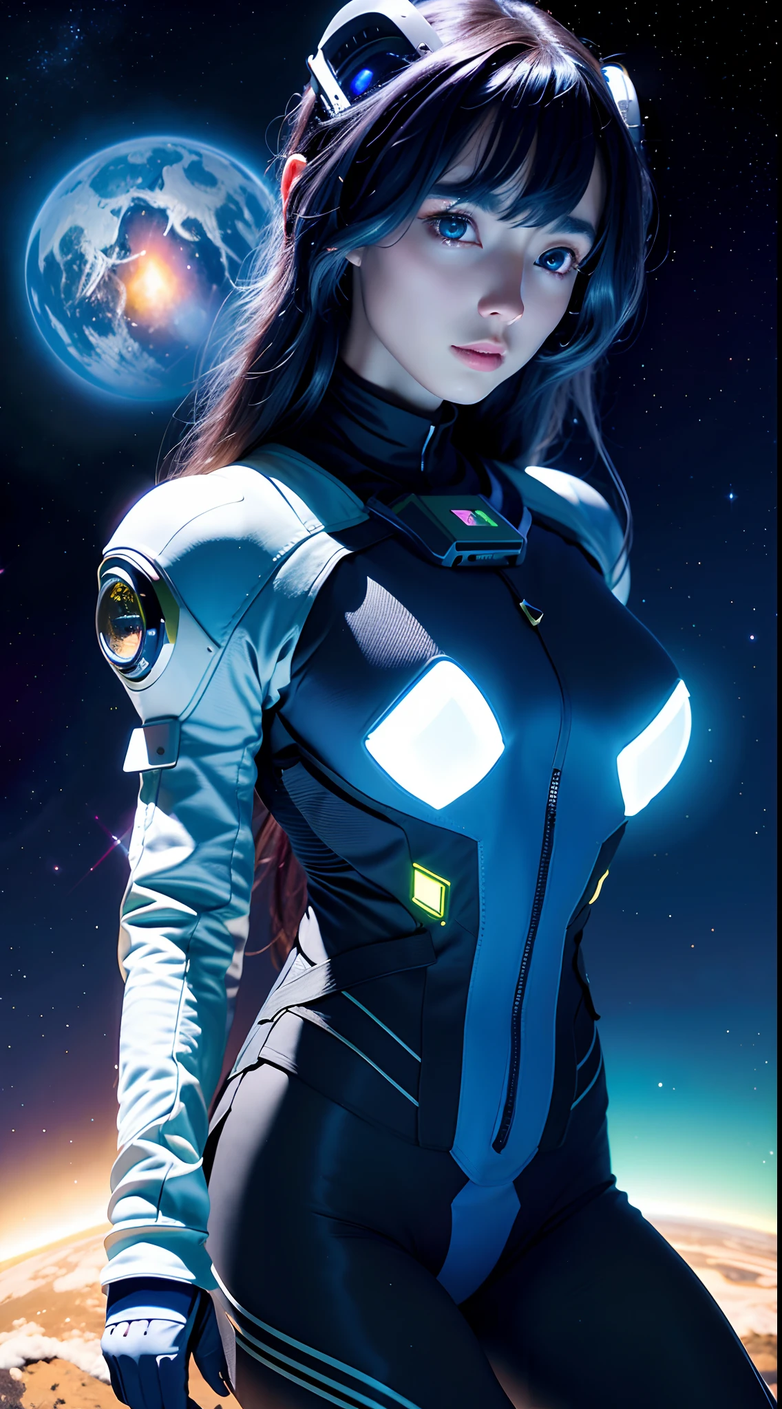 (tmasterpiece:1.2),best qualtiy,In space,(nigh sky,medium lenght hair:1.2),(illustratio:1.2),lindo cenario,dreads,(Elaborate luminescence,lens flare glow),(Hyper-detailing),Hyper-detailing,(exquisitedetails),(complexdetails),(Movie light,Best quality backlight),清晰的线条,New world,peeping at the viewer,Solo Woman,(Space Girl,the space),Oriental women,The girl looks like a Chinese movie star,Solo Woman,Perfect body,Beautiful girl,(1girll),(Bright bioluminescent hair,bright glowing eyes),(galaxias,Alien planet),(Astronaut wearing sexy futuristic style white fitted spacesuit:1.1),The material of the spacesuit is light and thin,Latex tight spacesuit,The chest of the spacesuit shows the starry sky,Slightly closed eyes,(cyber punk perssonage),(dyna:1.3),(putting makeup on)),hight contrast,(The best lighting,Extremely refined and beautiful),((Movie Moonlight)),Extremely colorful,((Photoshop Pastel Painting:1.1)),aethereal,(Movie Masterpiece),suspense,Funk,(Starskrim),splash of color,absolutly eye-catching,((Caustics)),dynamic angle,big breasts beautiful(detailed glow),(spine-chilling),(Intricate movie scenes behind it:1.2),Environmental occlusion, (Ambient moonshine), ray-traced reflection, intricately detailed visible background , (Glowing spacesuit), terroral, (Bioluminescent vegetation:1.2), terroral, uneasy, A futuristic, terroral, (Hologram heads-up display), (Delicate Great Comet)