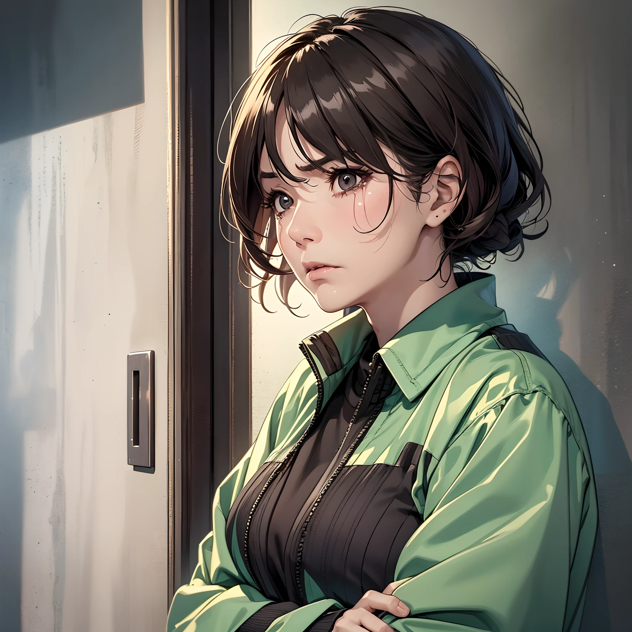 A middle-aged woman，Korean woman，brunette color hair，Wrinkles，Panicked expression，Serious expressions，grieves，weeping，Sad，haggard，Crossed arms，Positive view of the whole body，Outside the door of the room