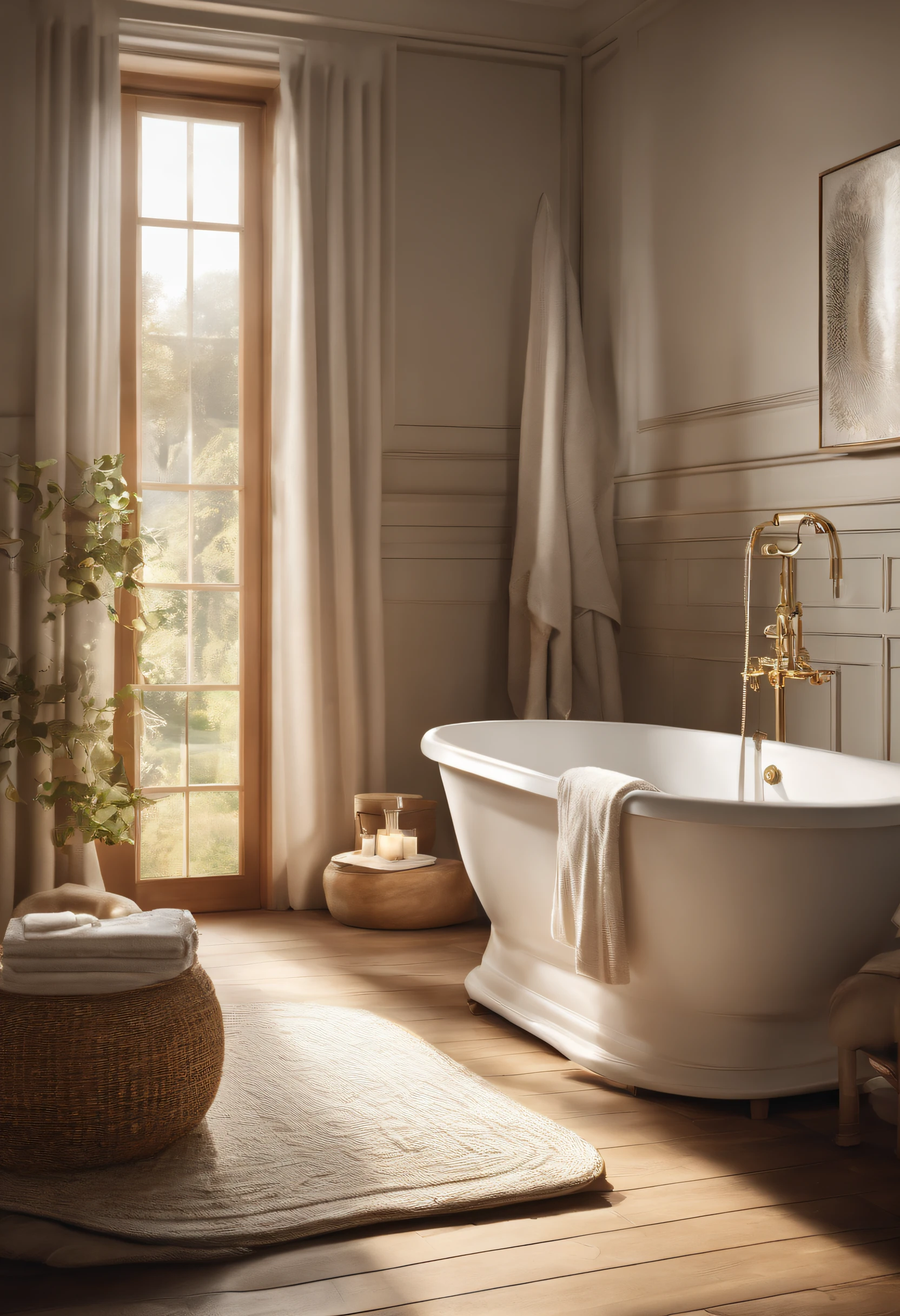 In a large bathroom, a woman and a child are in the bathtub, using a towel to wipe the child's hair. The image should be realistic and lifelike, depicting a bottom angle view and capturing the early morning glow. The color palette should have warm tones and the scene should include a wooden floor. The image should have the quality of a product introduction photo, showcasing a fashionable design for an award-winning bathroom concept. The artwork should be created by Thomas Heifner, known for his innovative product designs and exquisite craftsmanship. The image should also incorporate a V-ray rendering to enhance the lighting effects. The overall composition should be a highly detailed and visually stunning masterpiece, showcasing the deep and rich tones of the product. The scene should capture the intricate details of the bathroom design, creating an immersive and captivating visual experience.