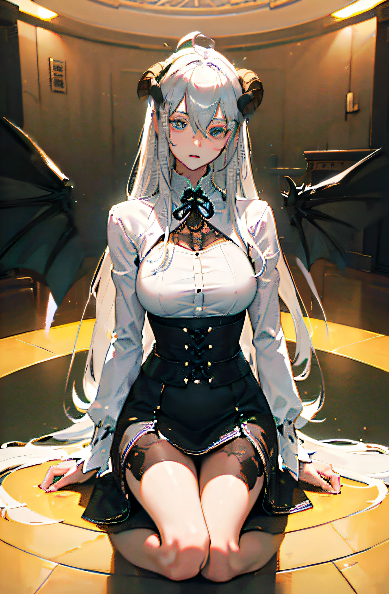 lectern, bodystocking, Kizi, school uniform, school skirt,Open clothes, Breasts,Panties exposed，Bras can be seen，The bra is exposed，Leg to knee，White color hair，Tattooed with，The demons，has horns on its head，Blushing，Bats fly around，the night，rosette，rays of moonlight，8K，Semen on the face，Lewd expression，exposed ，Exposed genitals，Succubus Pattern