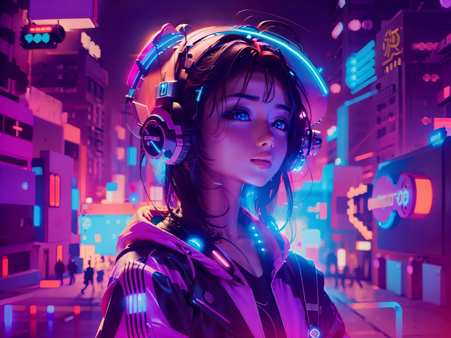 crie um cenario de uma dj futuristico, estilo anime, android, luzes neon, cenario retro, cinemactic