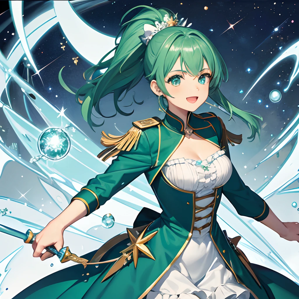 {{{{{masterpiece,Best Quality,ultra-detailliert}}}}},1womanl,beautiful ponytail hair,Cute face,Beautiful emerald eyes,Men's flight jacket and dress with plenty of chiffon ruffles,Have a beaty wand,Happy laughter,Beautiful shopping mall background,Stars and blue moon sparkling,8K,Many green magic effects from her wand,