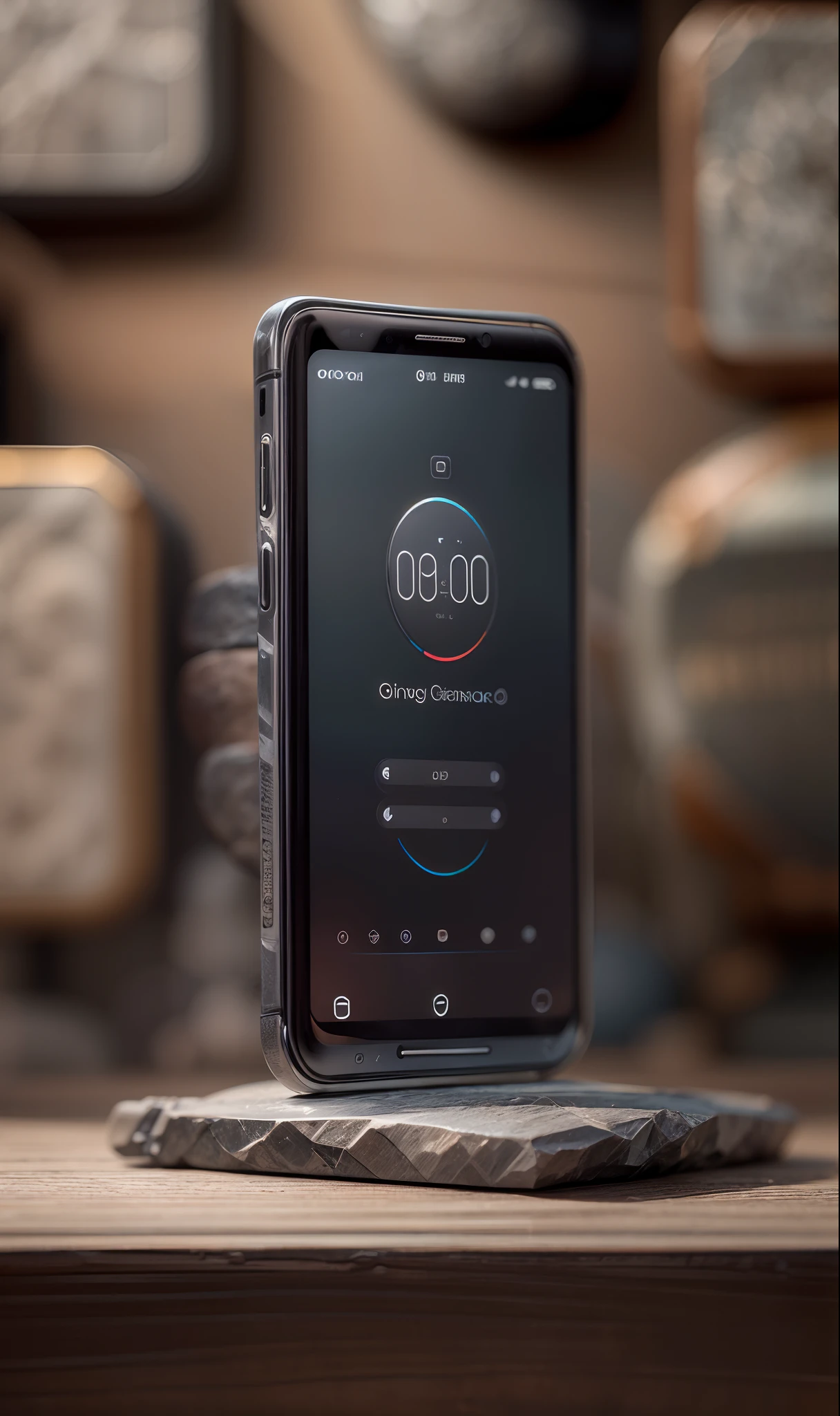 (masterpiece, product photography, focus shot), centered, stone concept smartphone, (showing screen lined up with apps), sleek stone design, ancient stone tech, HD, Photography, stone lab background, product design, professional photography, studio lighting,