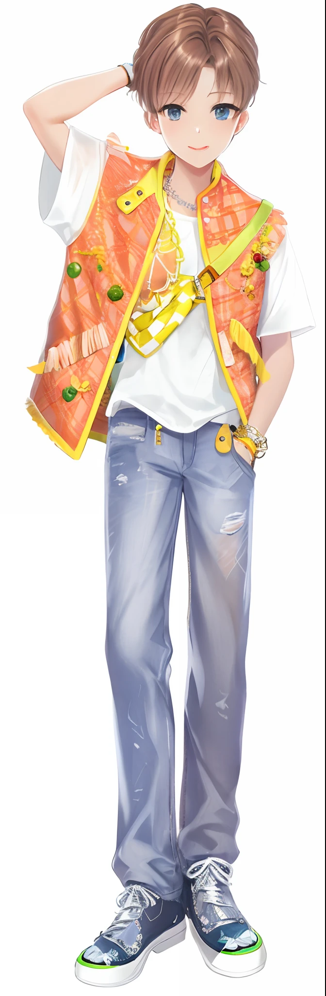 Pubic area is clear,filigree,denim pant ,Orange plaid coat