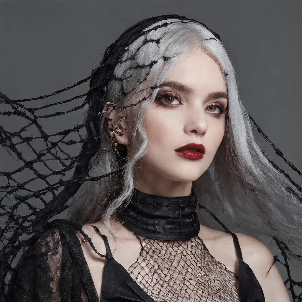 Girl with gothic net symbolic clothes, 。.com (Barbed wire of the body) brunette color hair,Gray hair ends