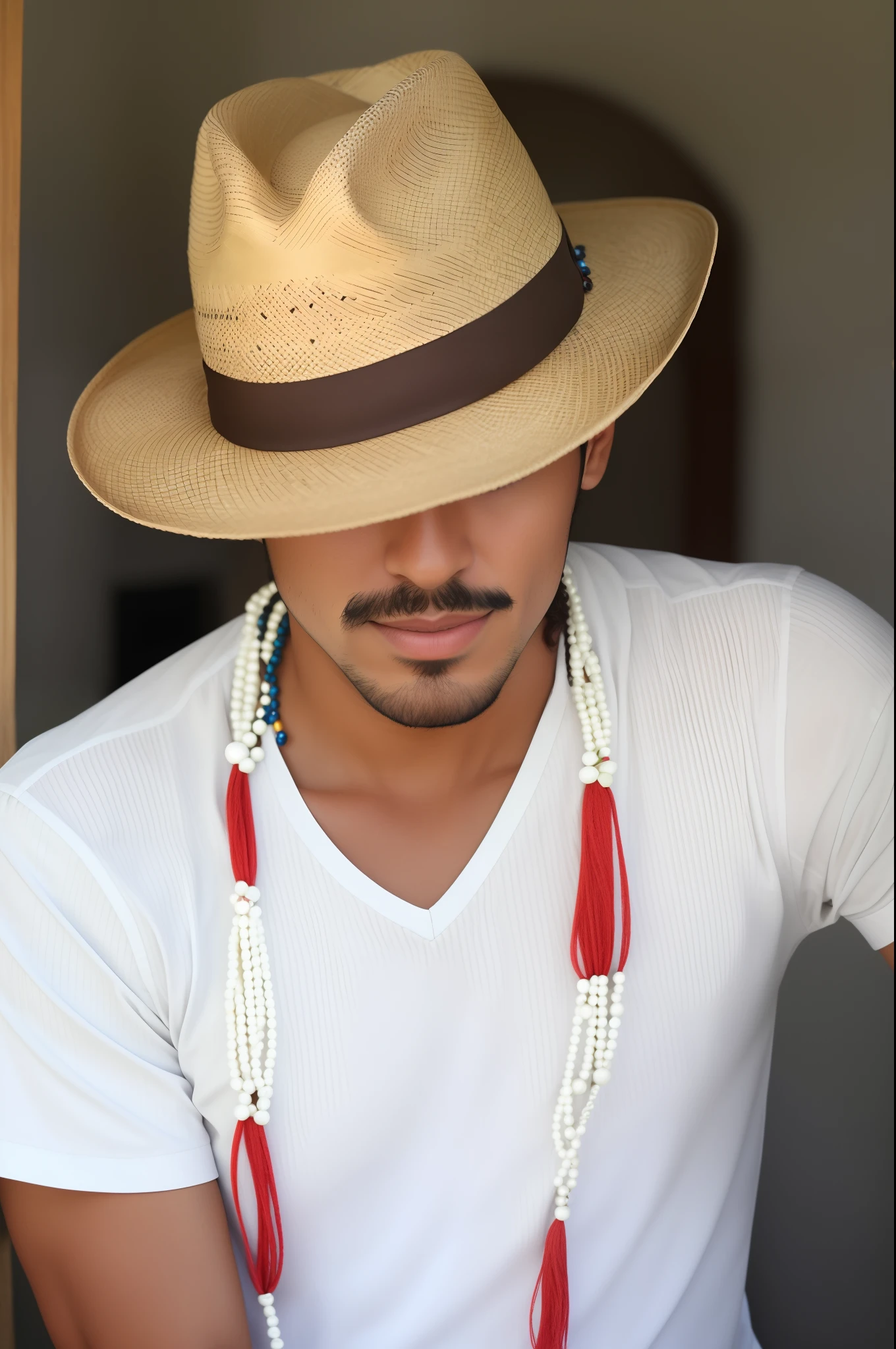 Araffe man wearing a hat and a necklace with beads, wearing straw hat, indigenous man, colombiano, with straw hat, vestindo sombrero, caracter with brown hat, Olhar peruano, Jovem espanhol, wearing a travel hat, with hat, Bigode mexicano, Vaquero mexicano, he is wearing a hat, Wearing Hat, homem bonito, straw hat